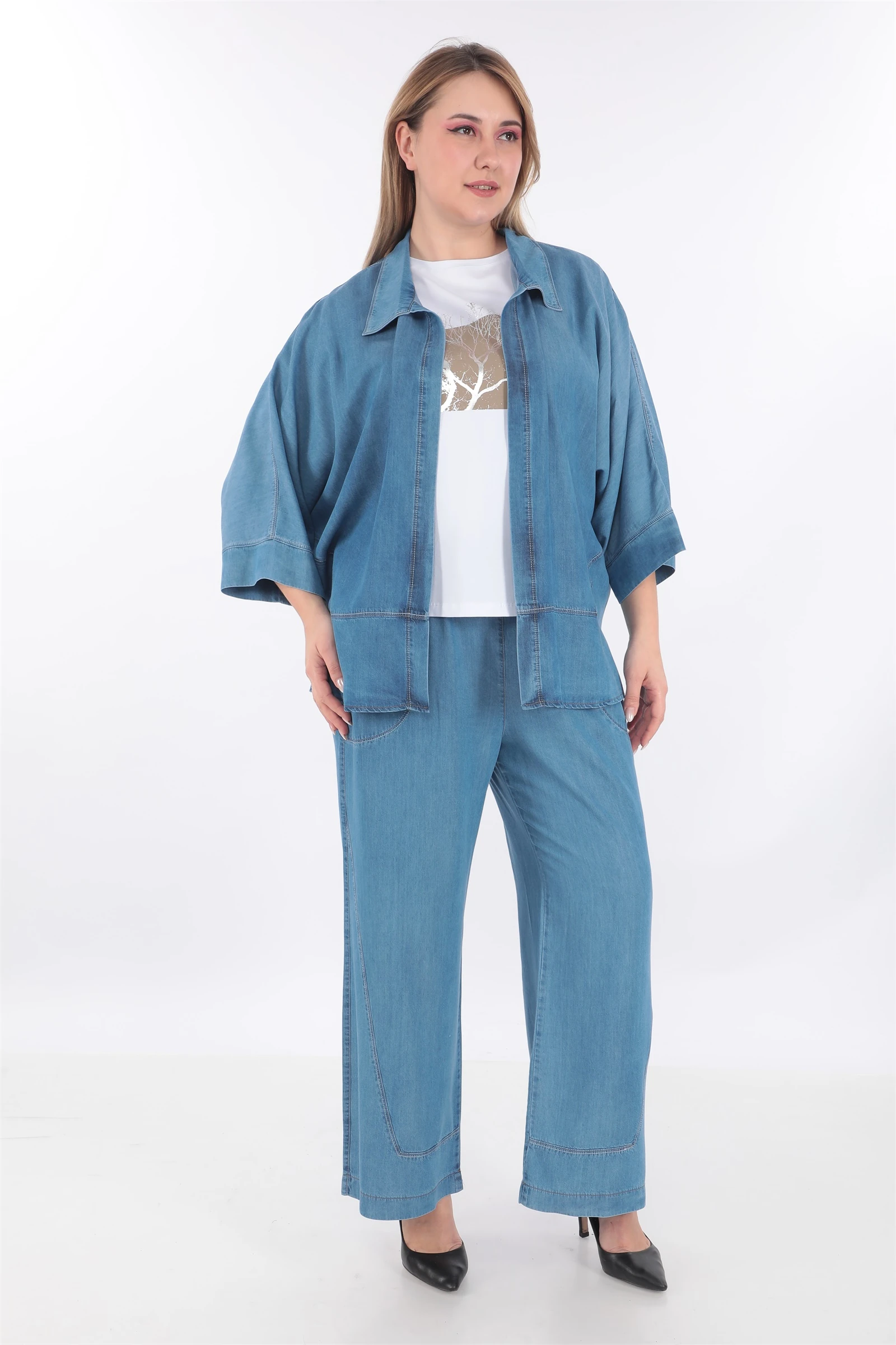 Yazlık Renkli Dikişli Cepli 3'lü Tensel Takım - Buz Mavisi