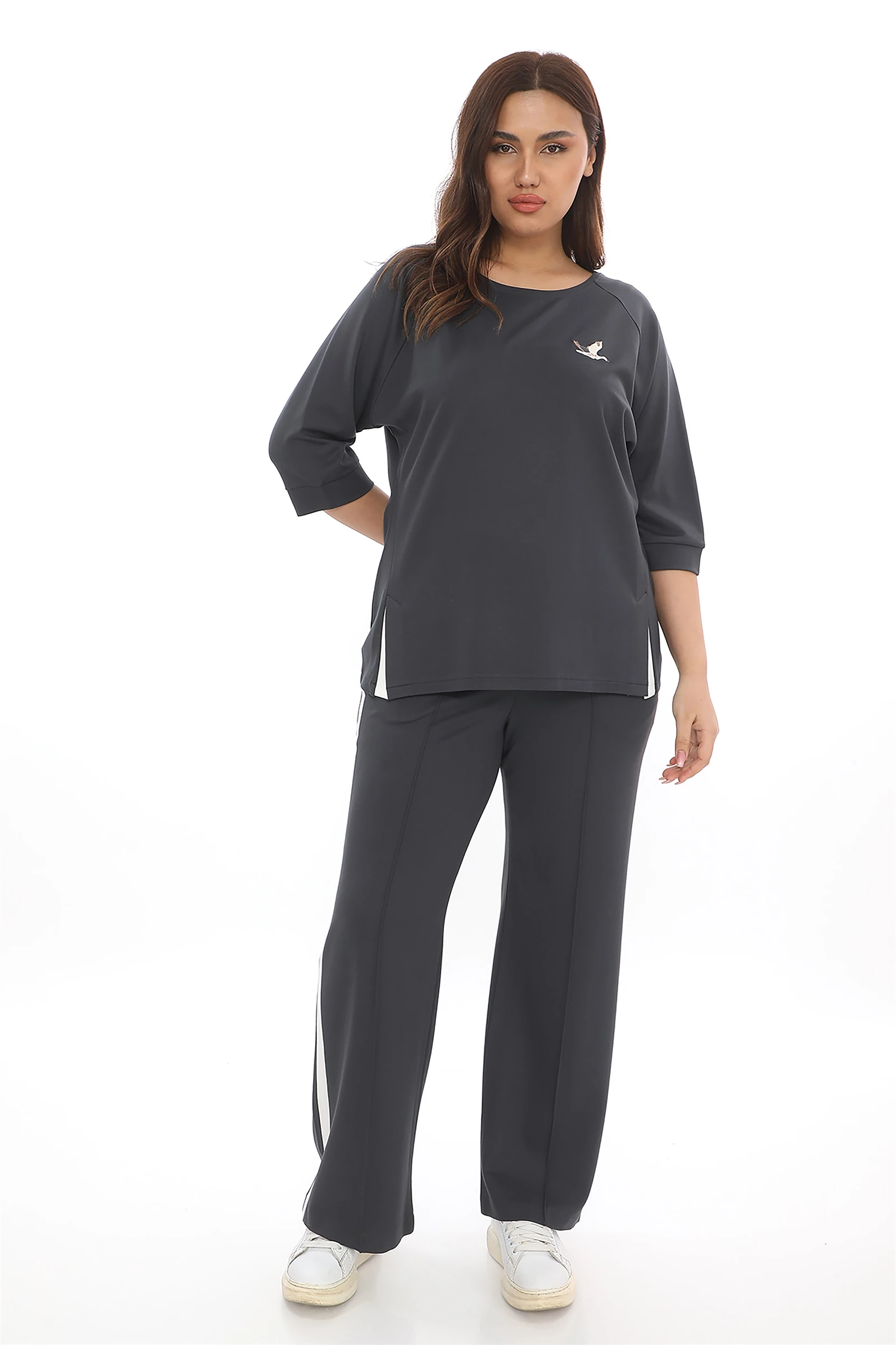 Sezonluk Kuş Nakışlı İpli 2Li Eşofman Takım - Antrasit