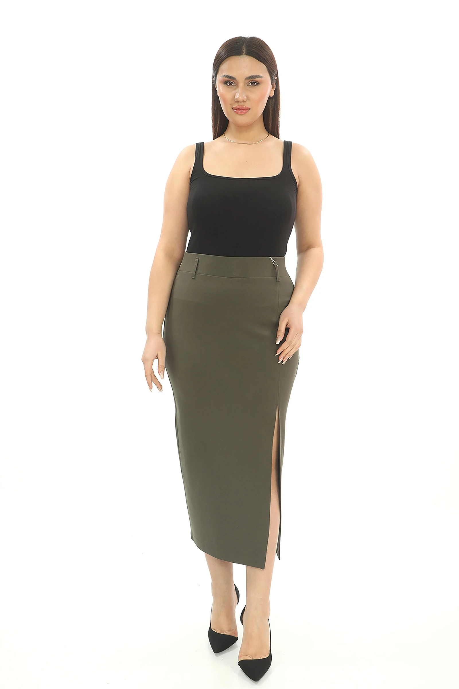 Yazlık Beli Lastikli Derin Yırtmaçlı Esnek Uzun Kalem Etek