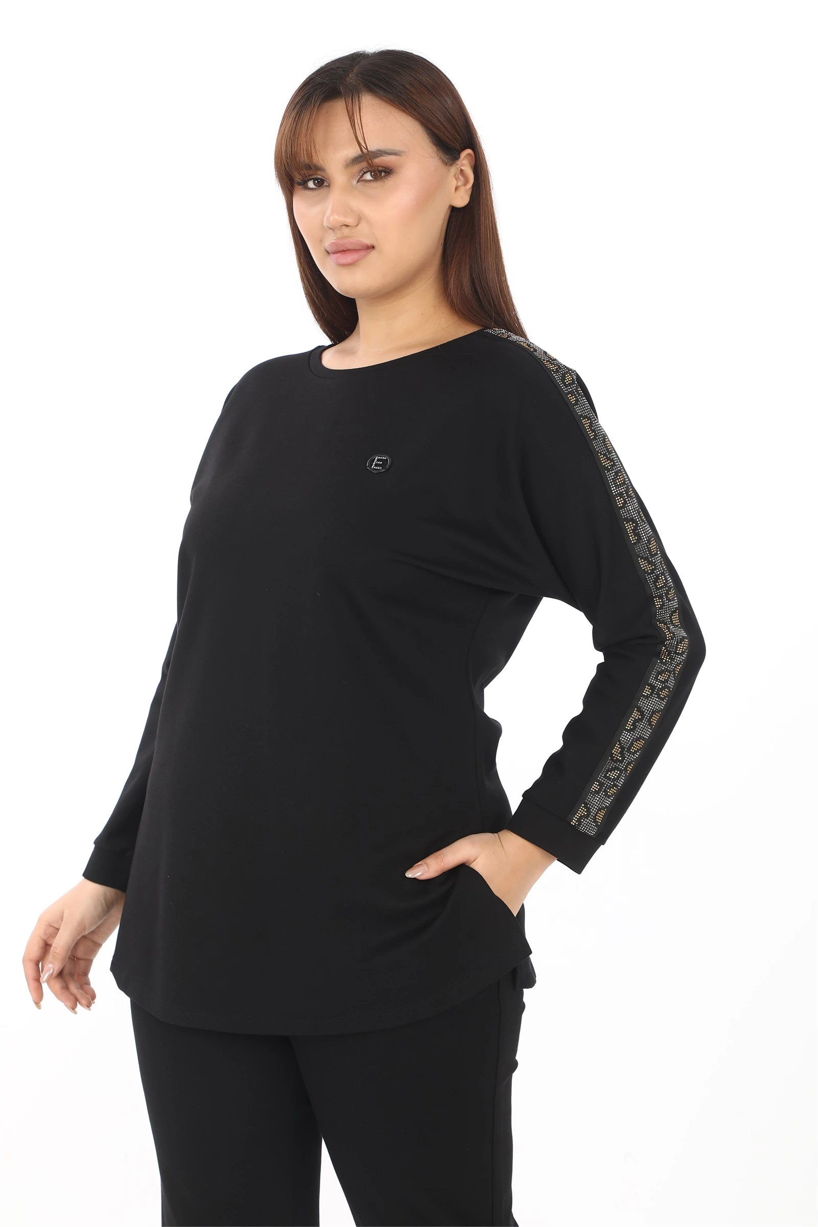 Sezonluk Kol Yanları Yılan Desen Taşlı Pantolon Bluz Takım