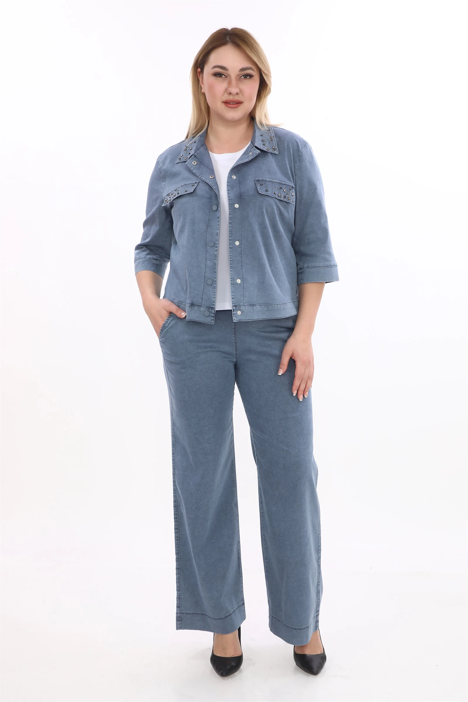 Yazlık Ceketi Çıt Çıt'lı Taş İşlemeli 3'lü Takım - Lacivert