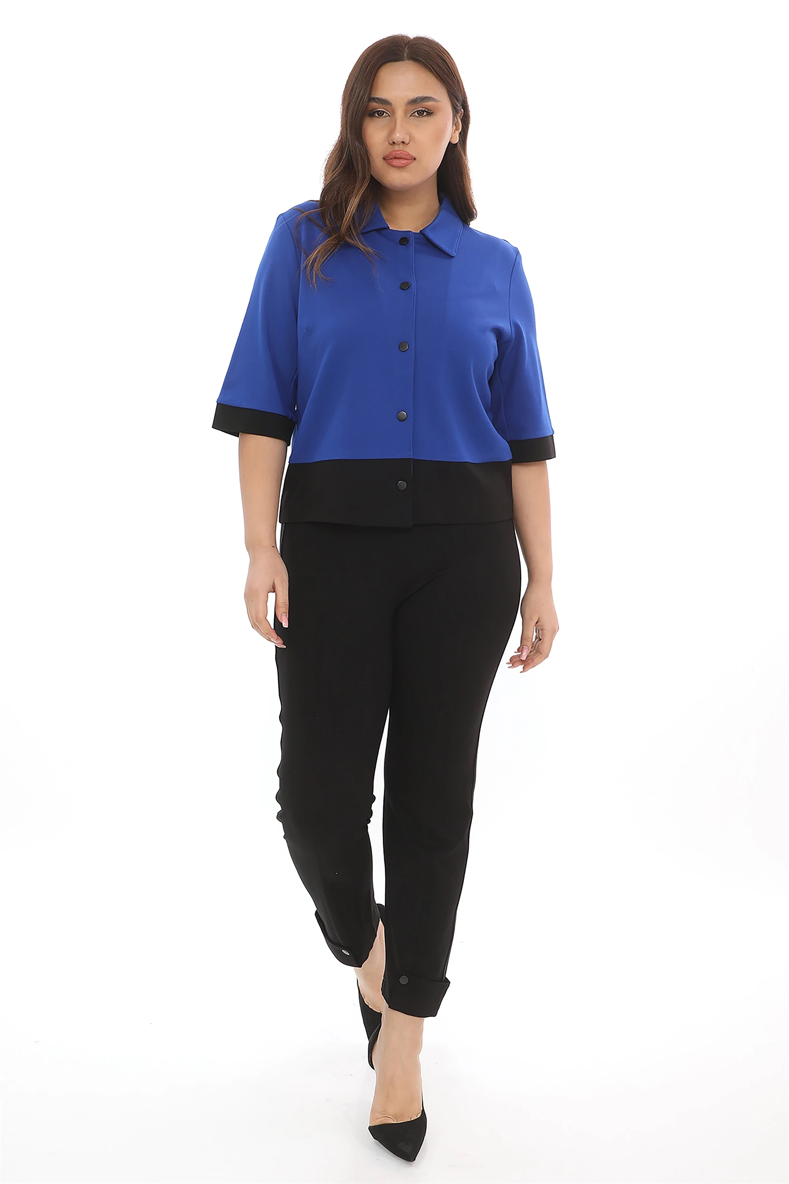 Sezonluk Önü Çıt Çıtlı Zarif 3/4 Kollu Şık Ofis Günlük Ceket - Saks