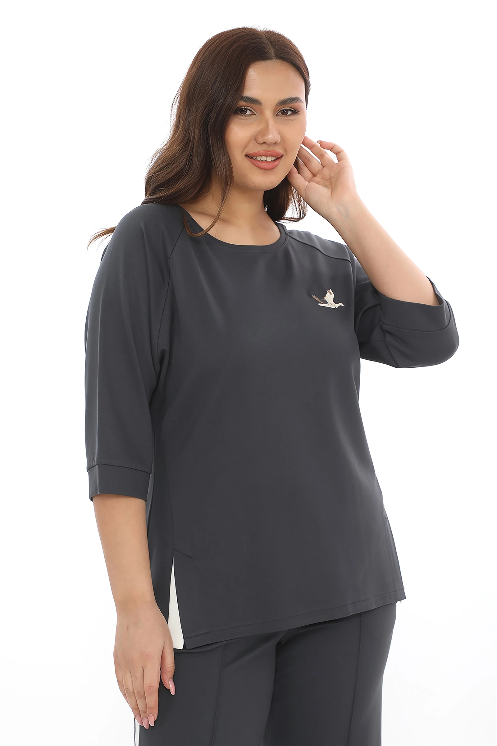 Sezonluk Kuş Nakışlı İpli 2Li Eşofman Takım - Antrasit