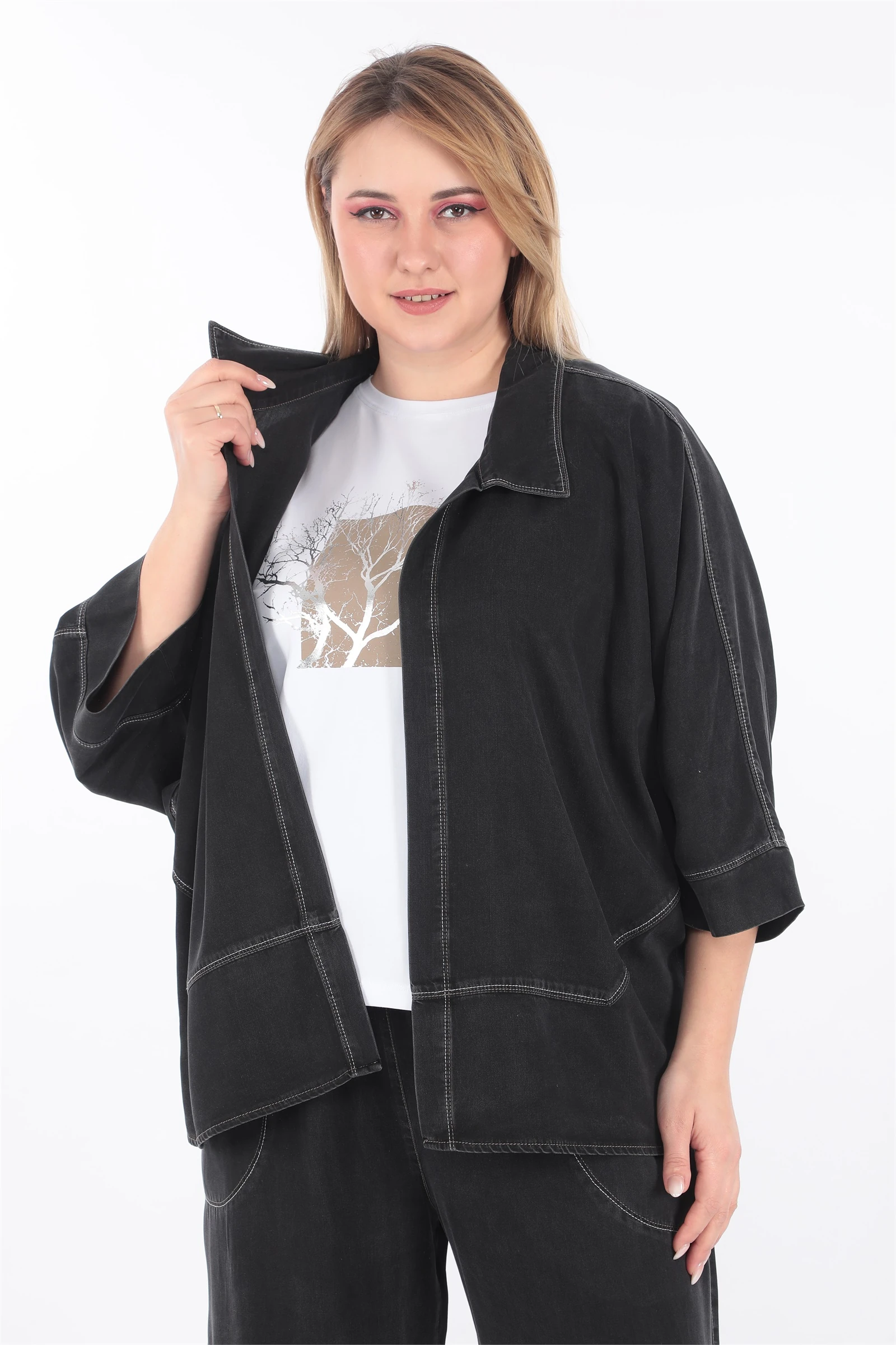 Yazlık Renkli Dikişli Cepli 3'lü Tensel Takım - Siyah