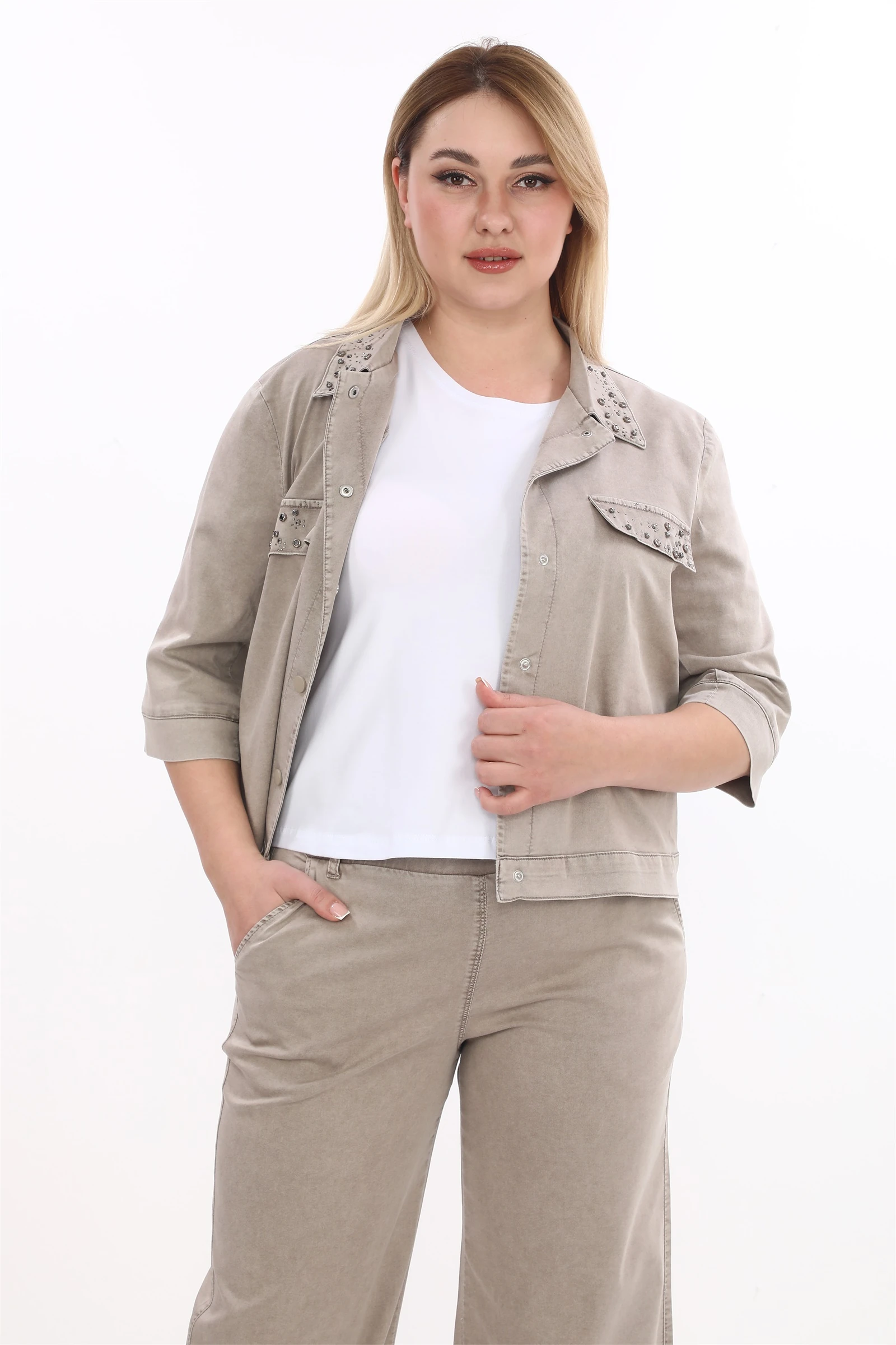 Yazlık Ceketi Çıt Çıt'lı Taş İşlemeli 3'lü Takım - Vizon