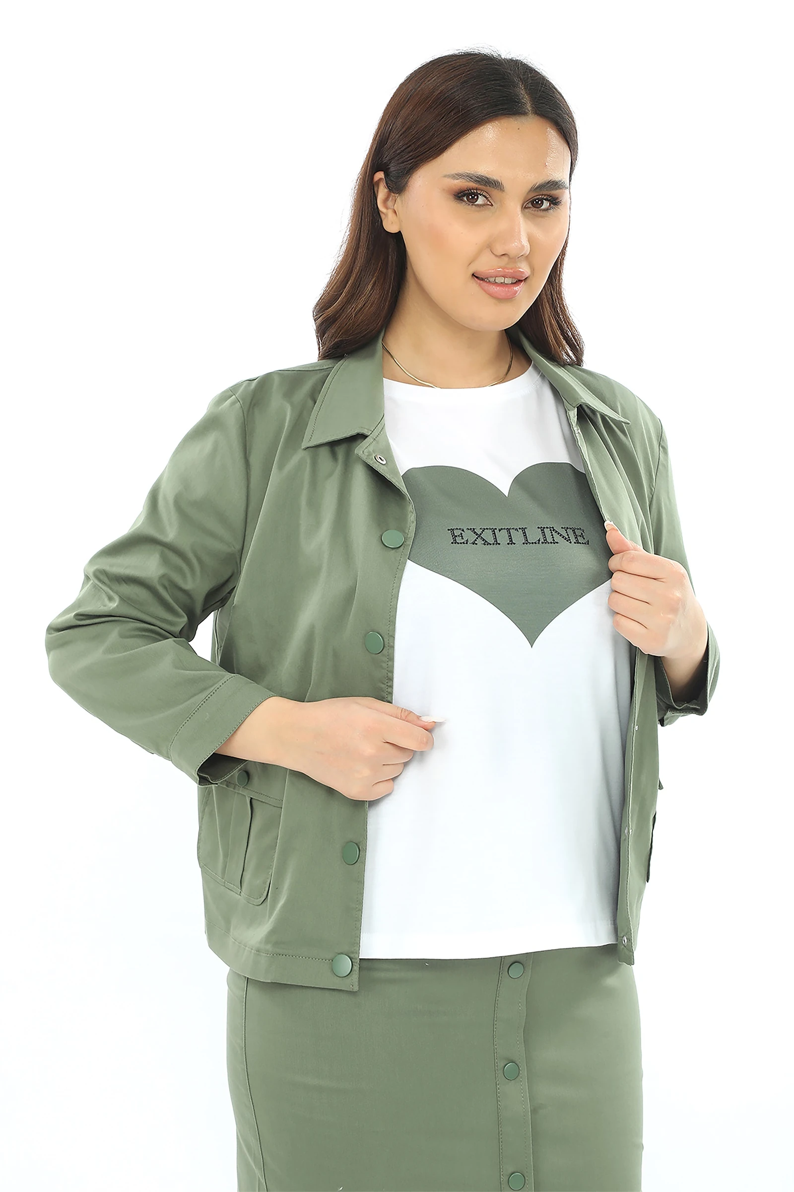 Yazlık Eteği & Ceketi Düğmeli T-Shirt'ü Baskılı 3'lü Takım - Haki