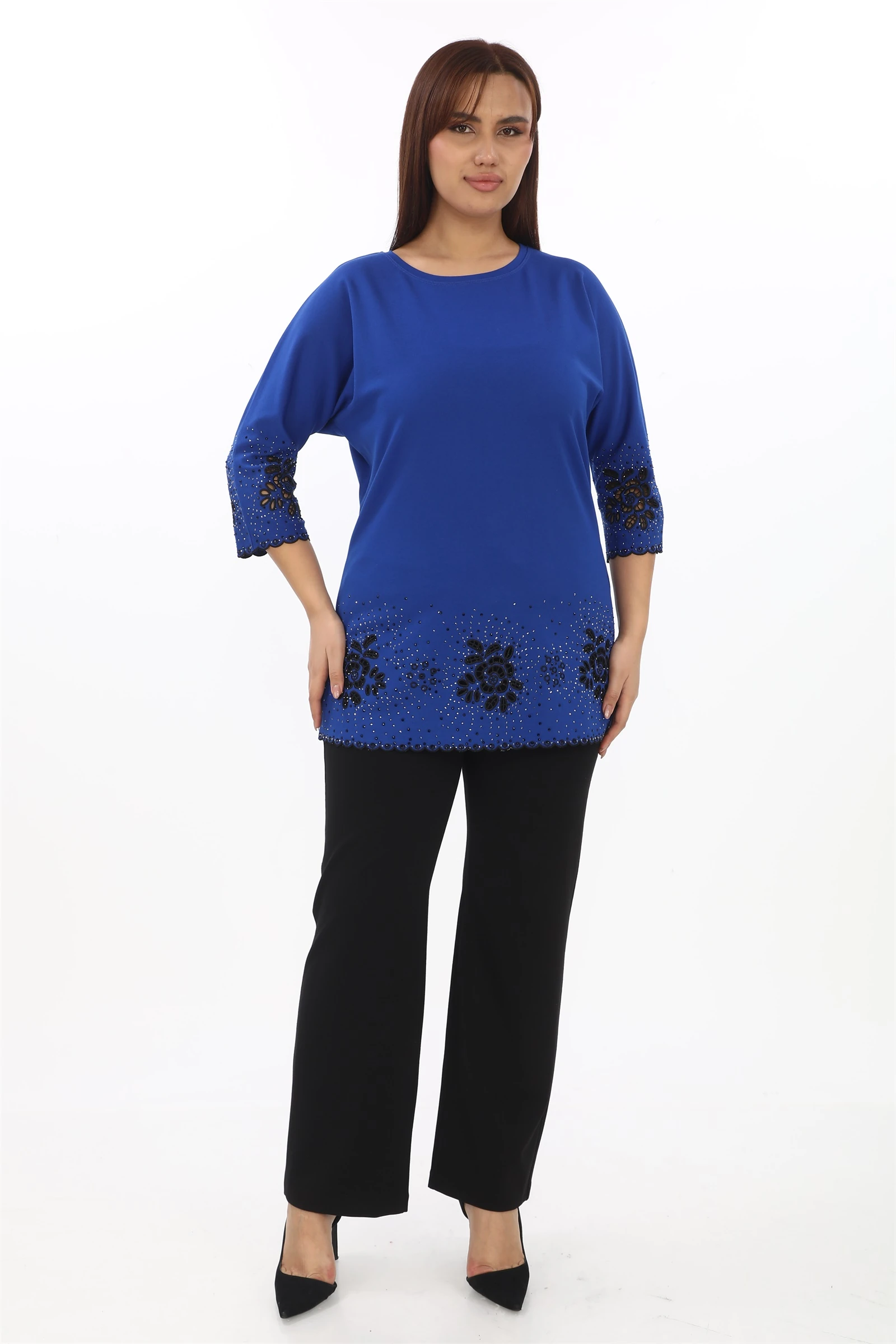 Yazlık Eteği Nakışlı & Taşlı Kemeri Lastikli Takım - Saks