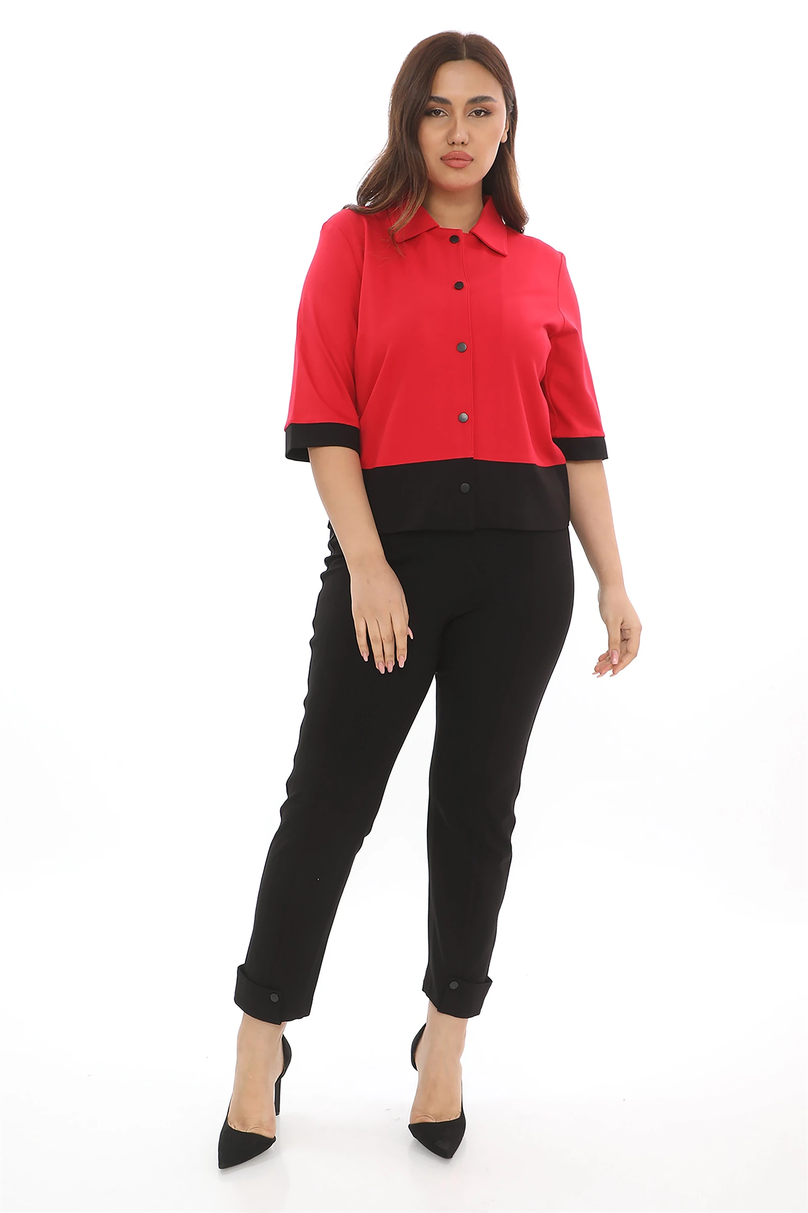 Sezonluk Önü Çıt Çıtlı Zarif 3/4 Kollu Şık Ofis Günlük Ceket - Kırmızı