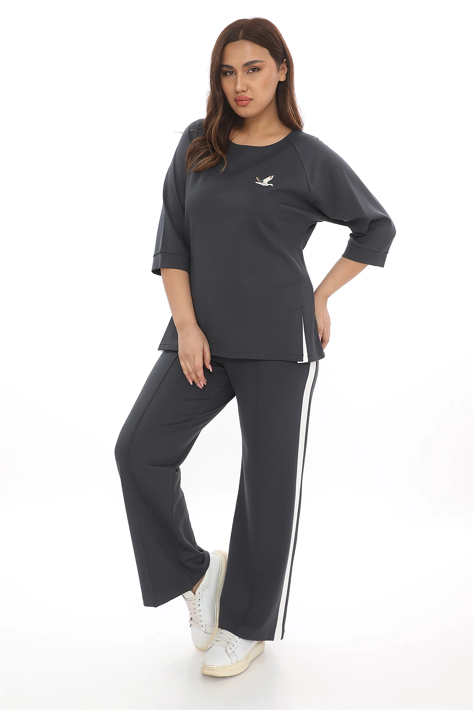 Sezonluk Kuş Nakışlı İpli 2Li Eşofman Takım - Antrasit