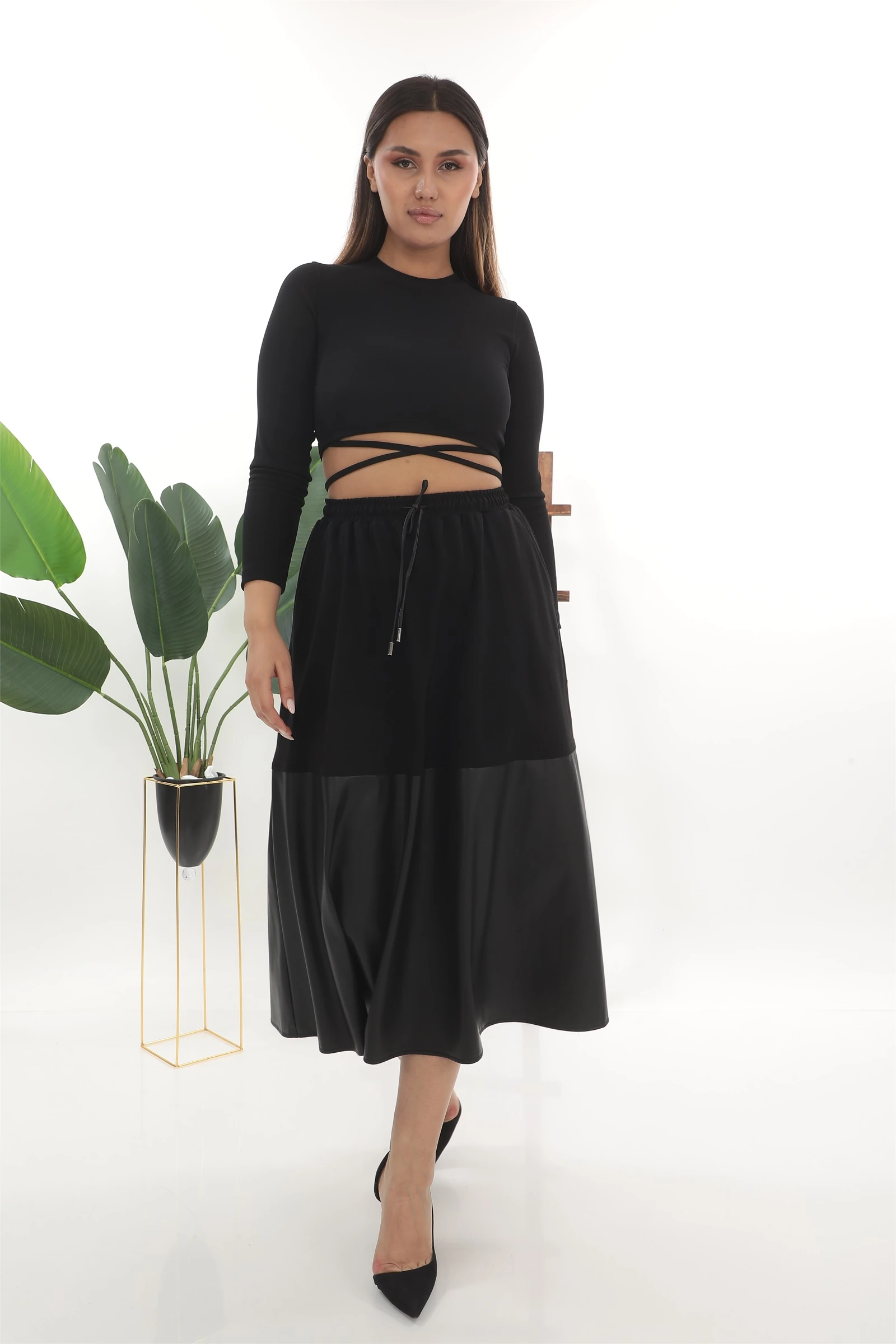 Sezonluk Yarı Deri Yarı Örme Uzun Etek