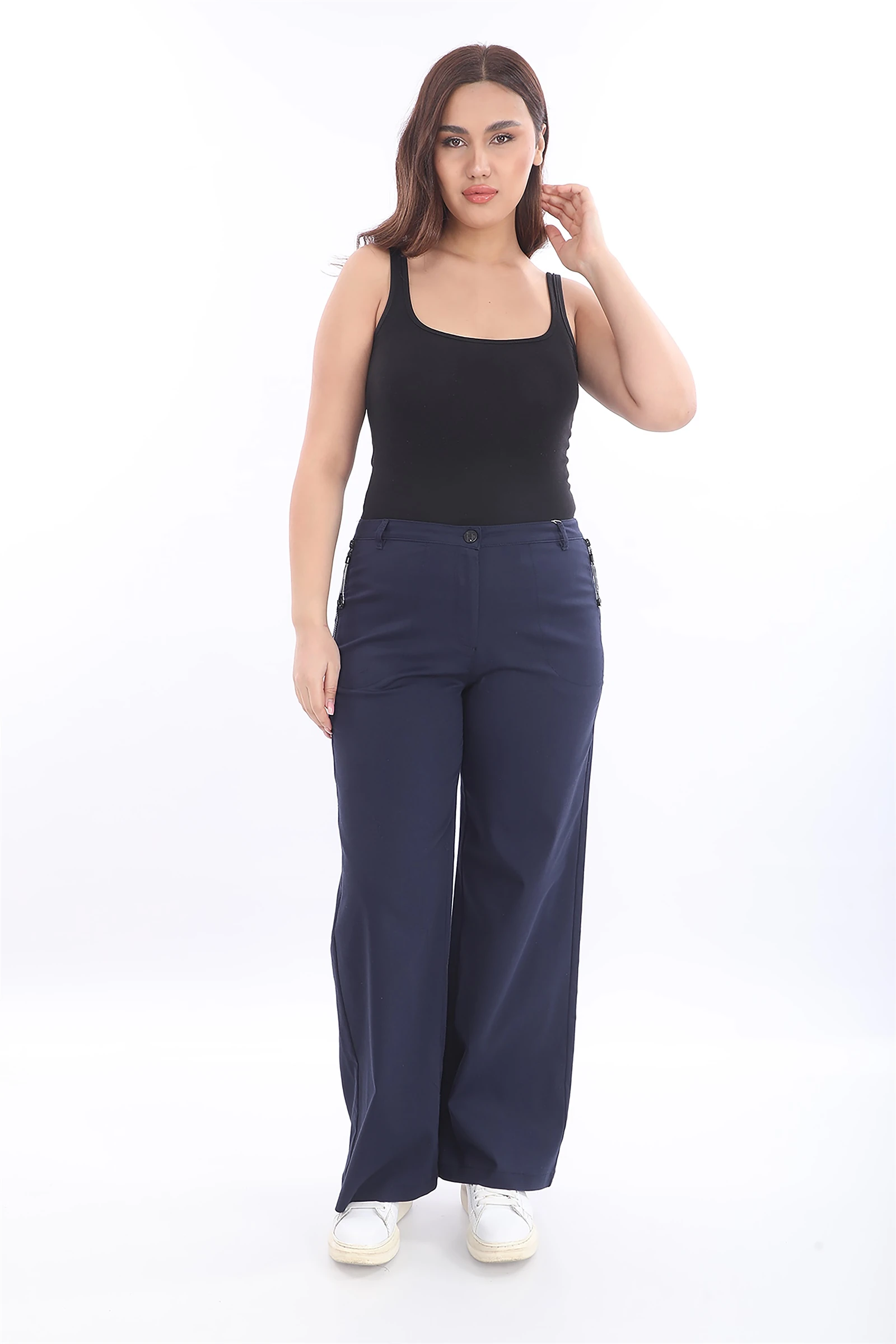 Yazlık Cepleri Fermuarlı Boru Paça Pantolon - Lacivert