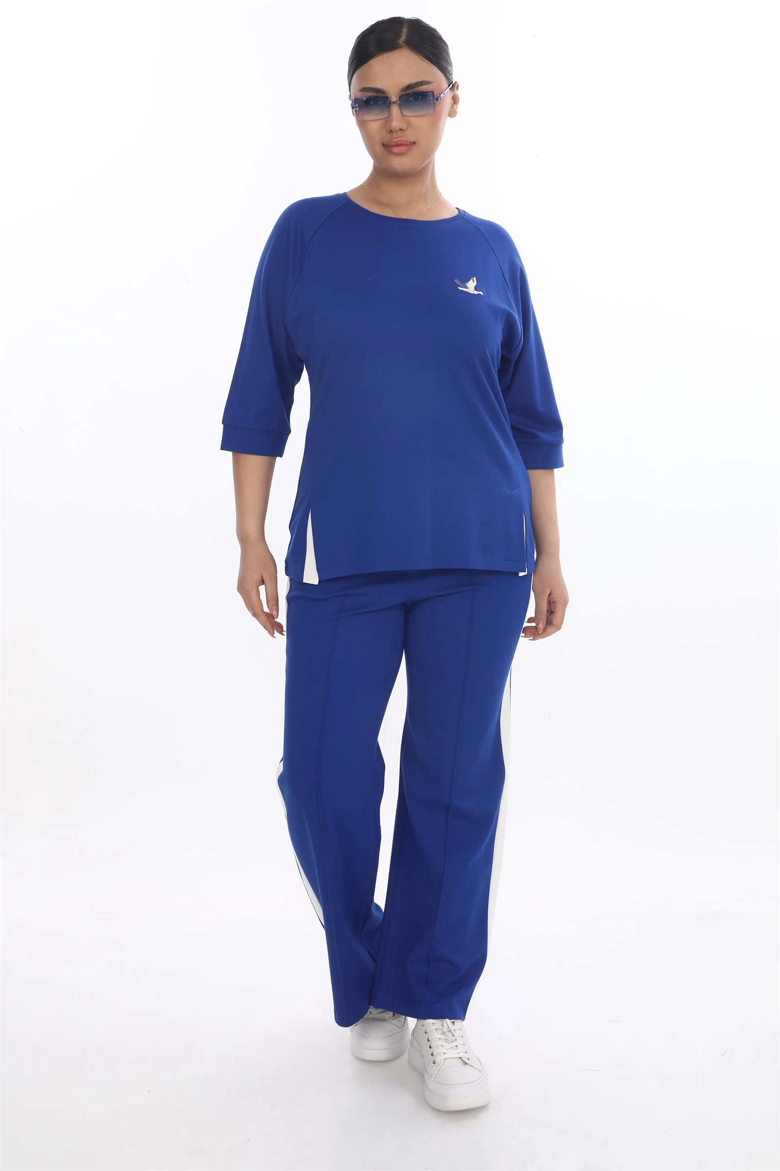 Sezonluk Kuş Nakışlı İpli 2Li Eşofman Takım - Saks