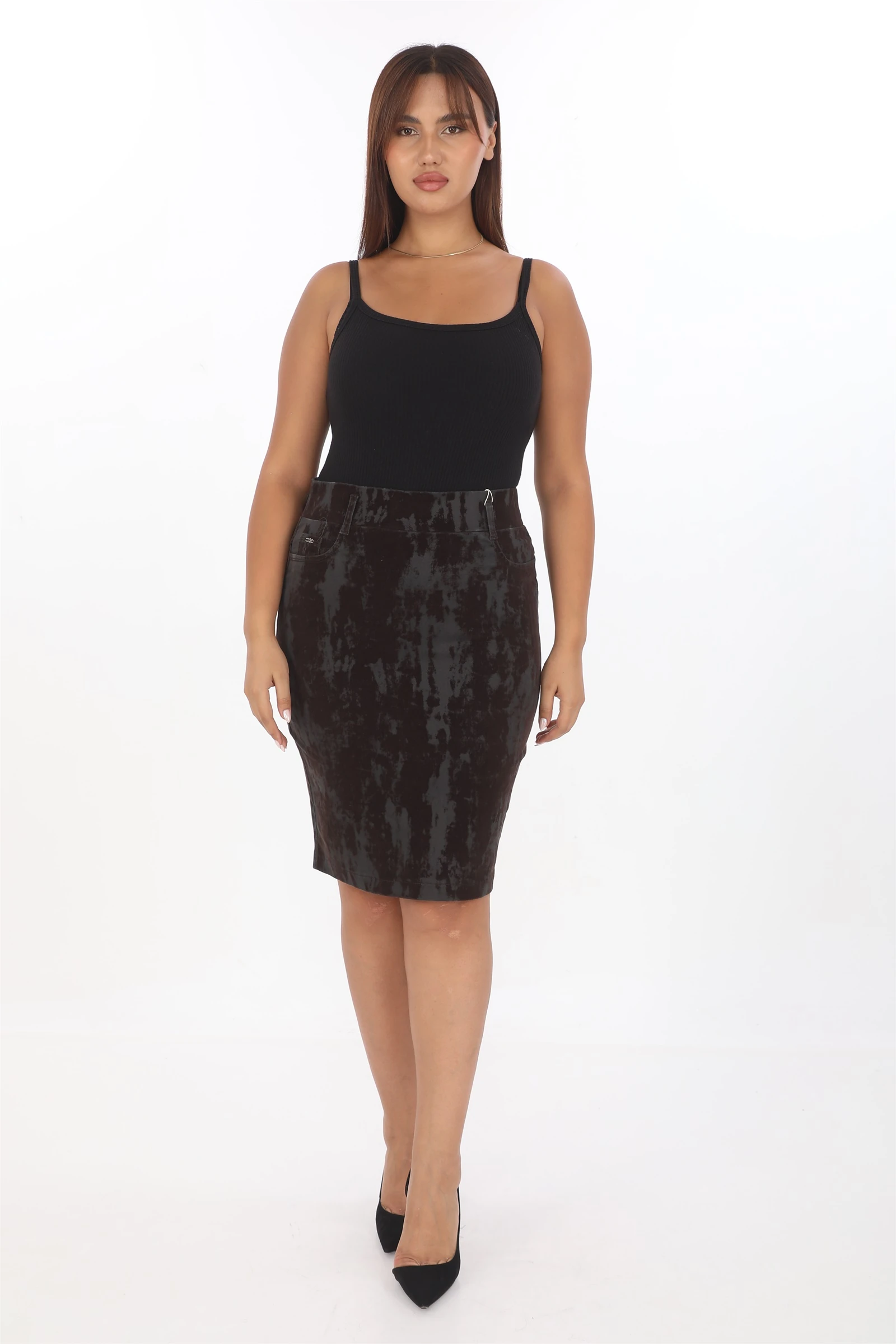 Kışlık Varak Baskılı Kalem Etek - Kahverengi