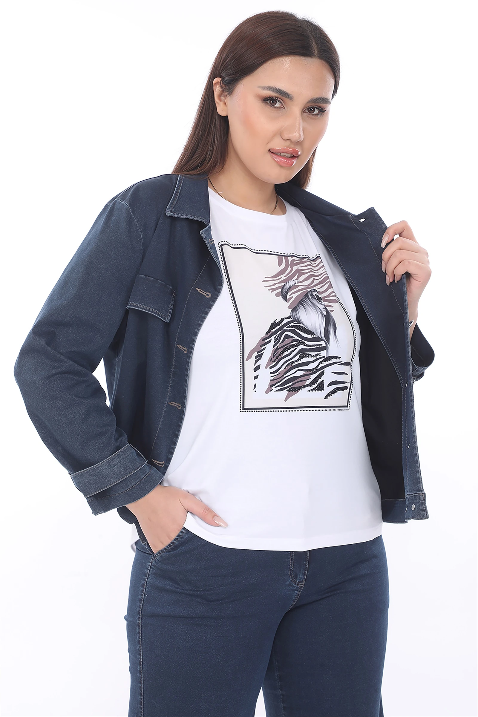 Sezonluk Pantolon Ceket T-shirt'ü Taşlı Baskılı Esnek Denim 3'lü Takım