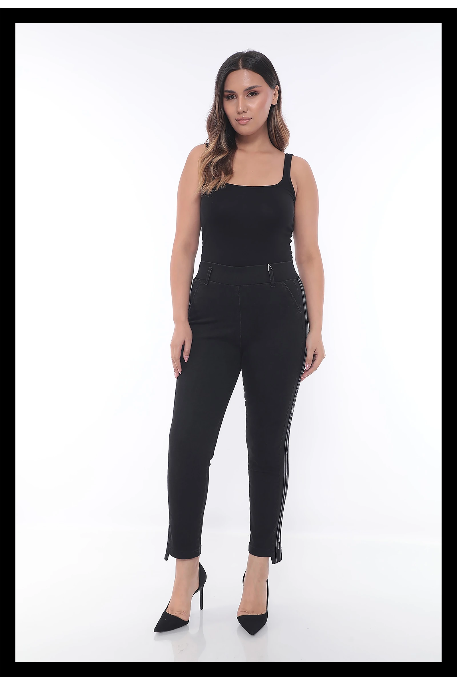 Kadın Beli Lastikli Yanları Şeritli Denim Pantolon - Siyah