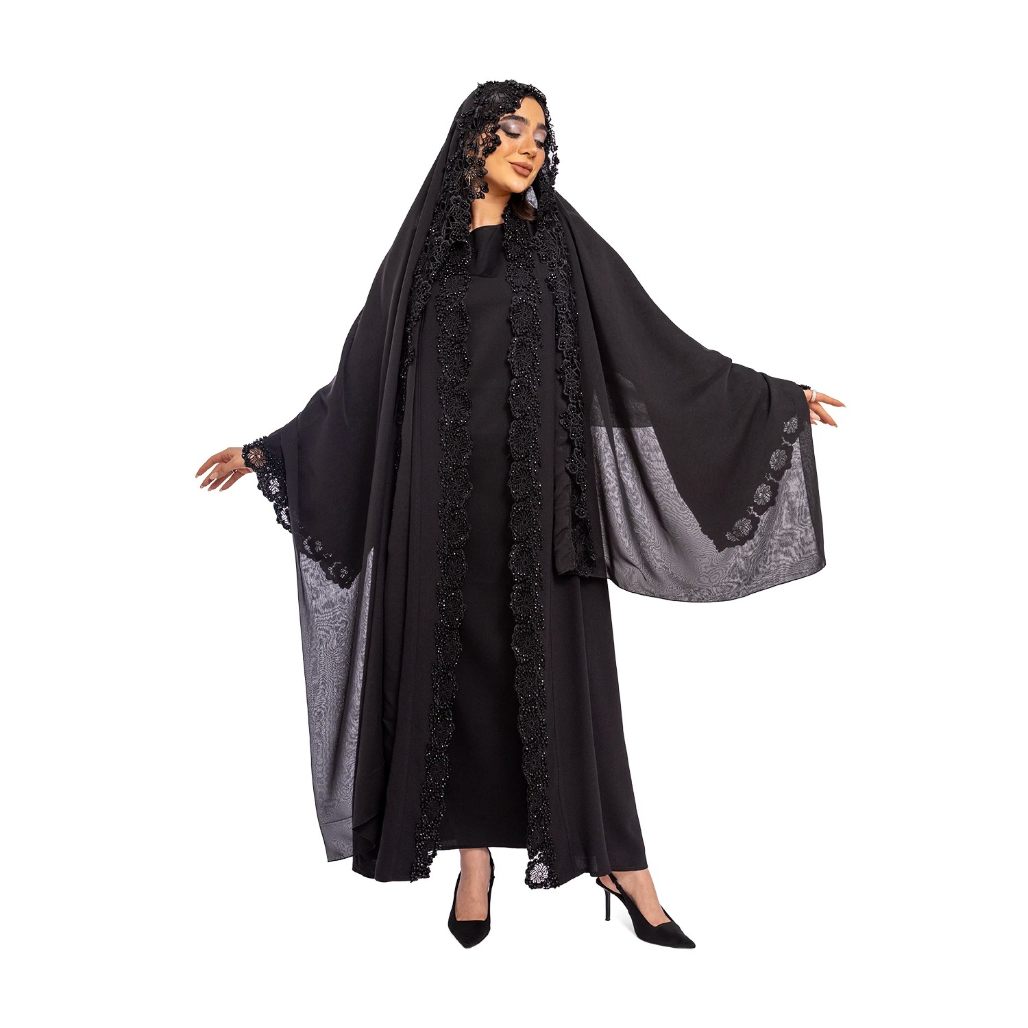 Yaka ve Kol Kenarları Güpür Üzeri Taş İşlemeli Abaya  