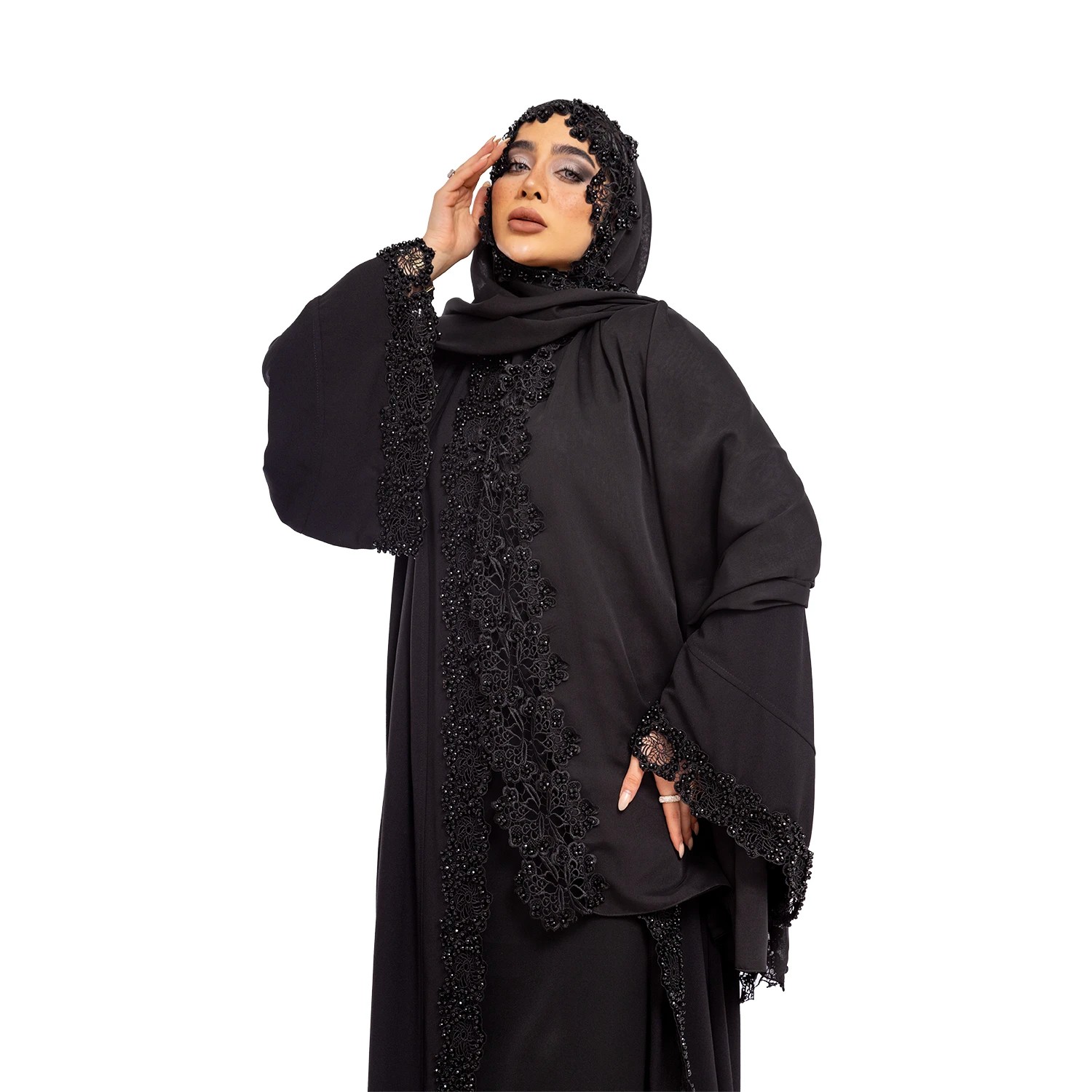 Yaka ve Kol Kenarları Güpür Üzeri Taş İşlemeli Abaya  