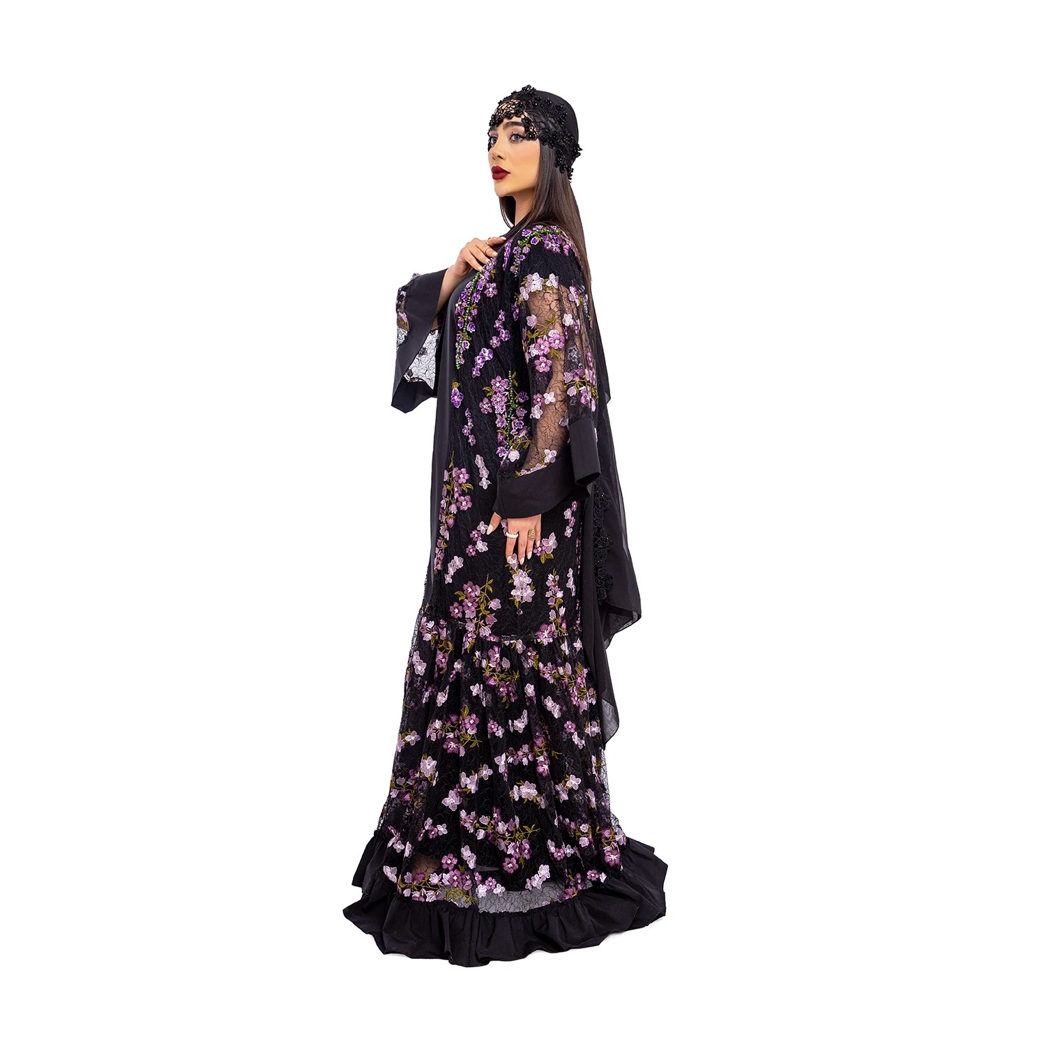 Mor Çiçekli Dantel Kumaş Üzeri İşlemeli Transparan Abaya