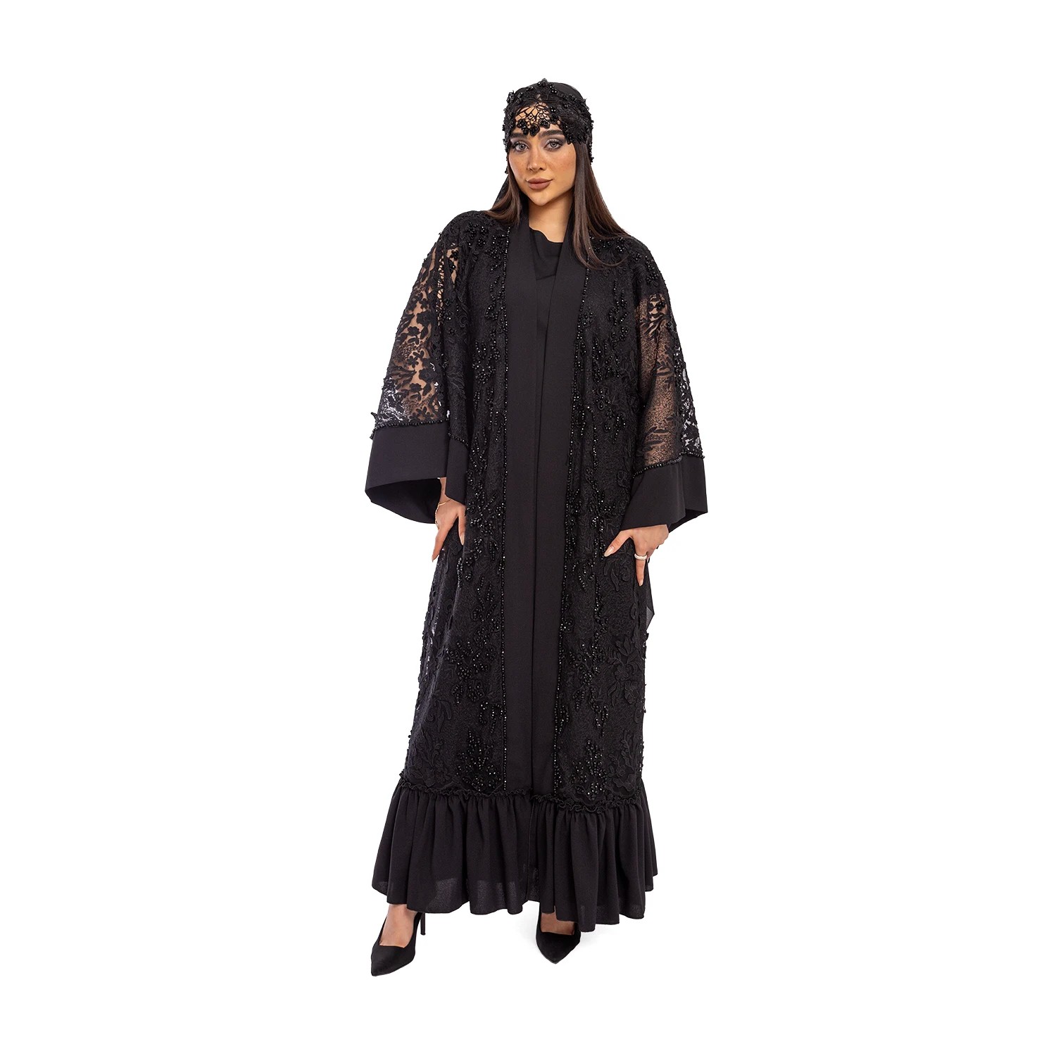 Stone Embroidered Lace Fabric Transparent Black Abaya