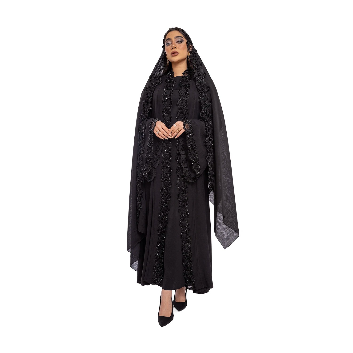 Yaka ve Kol Kenarları Güpür Üzeri Taş İşlemeli Abaya  