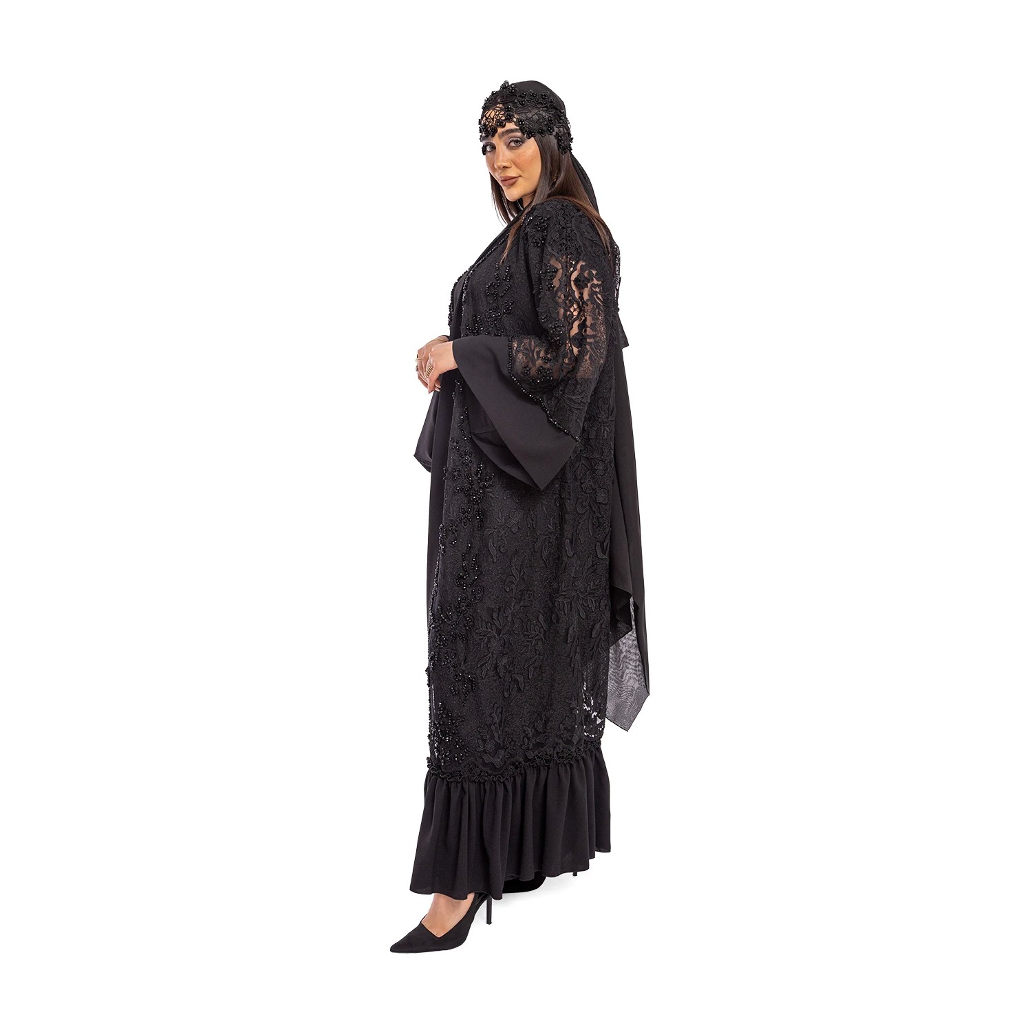 Stone Embroidered Lace Fabric Transparent Black Abaya