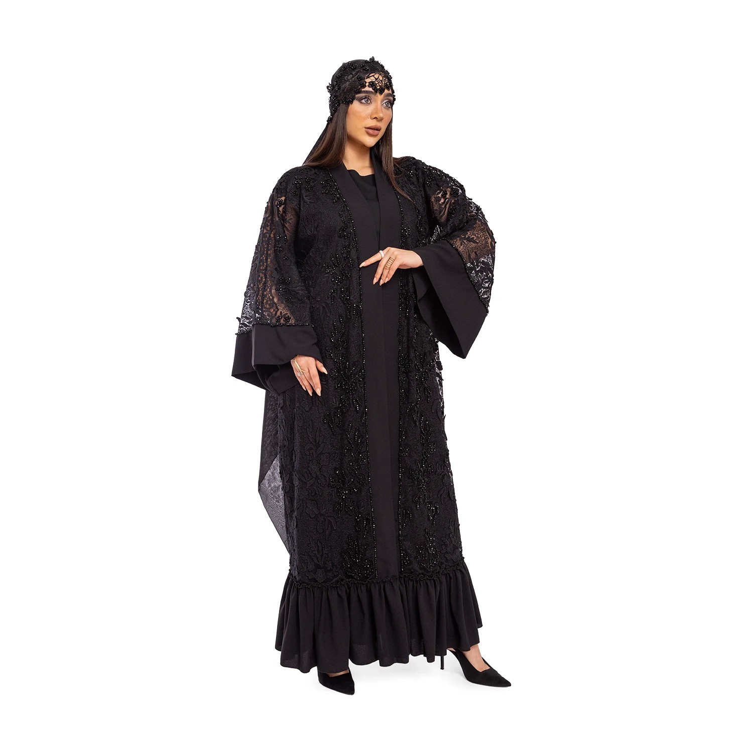 Stone Embroidered Lace Fabric Transparent Black Abaya