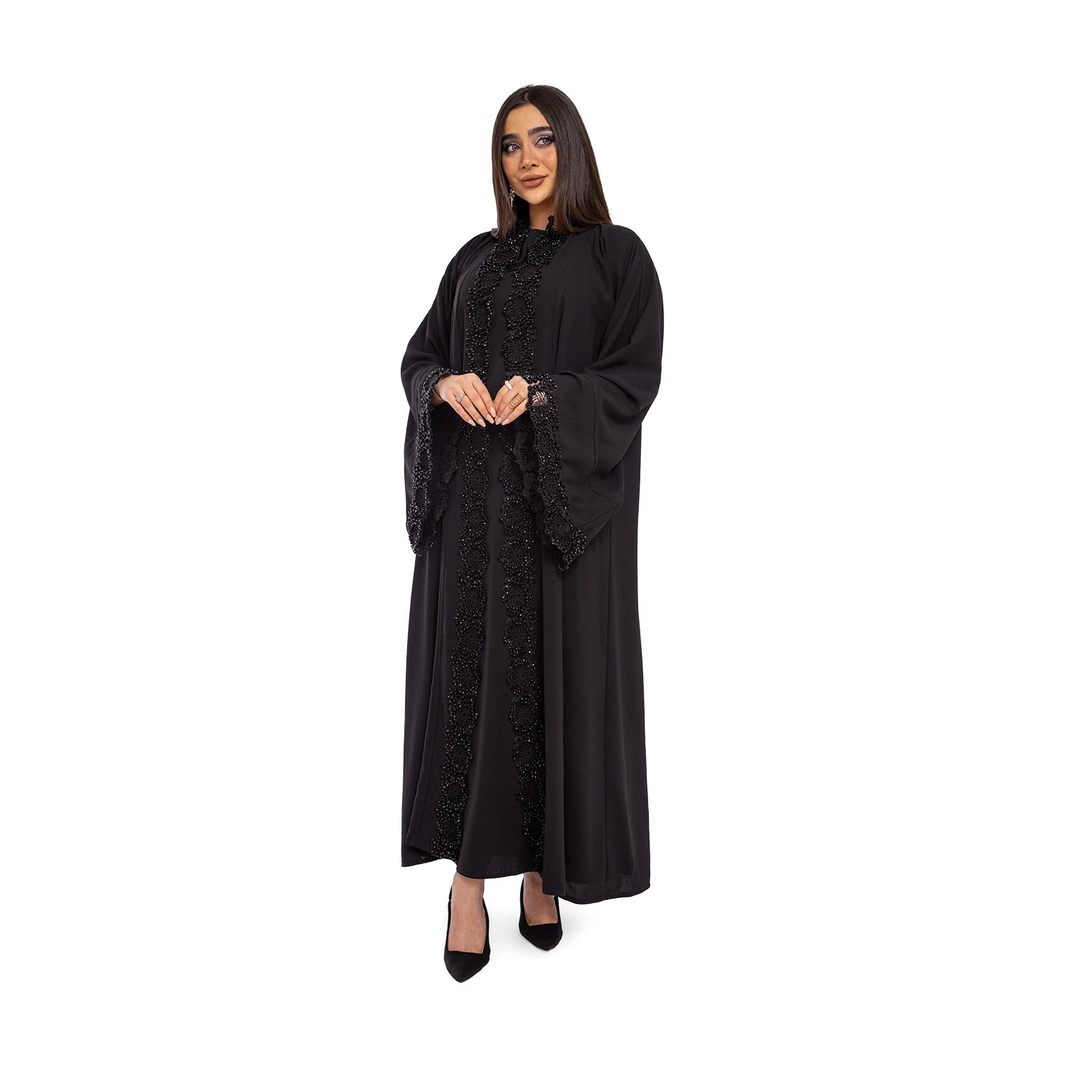 Yaka ve Kol Kenarları Güpür Üzeri Taş İşlemeli Abaya  