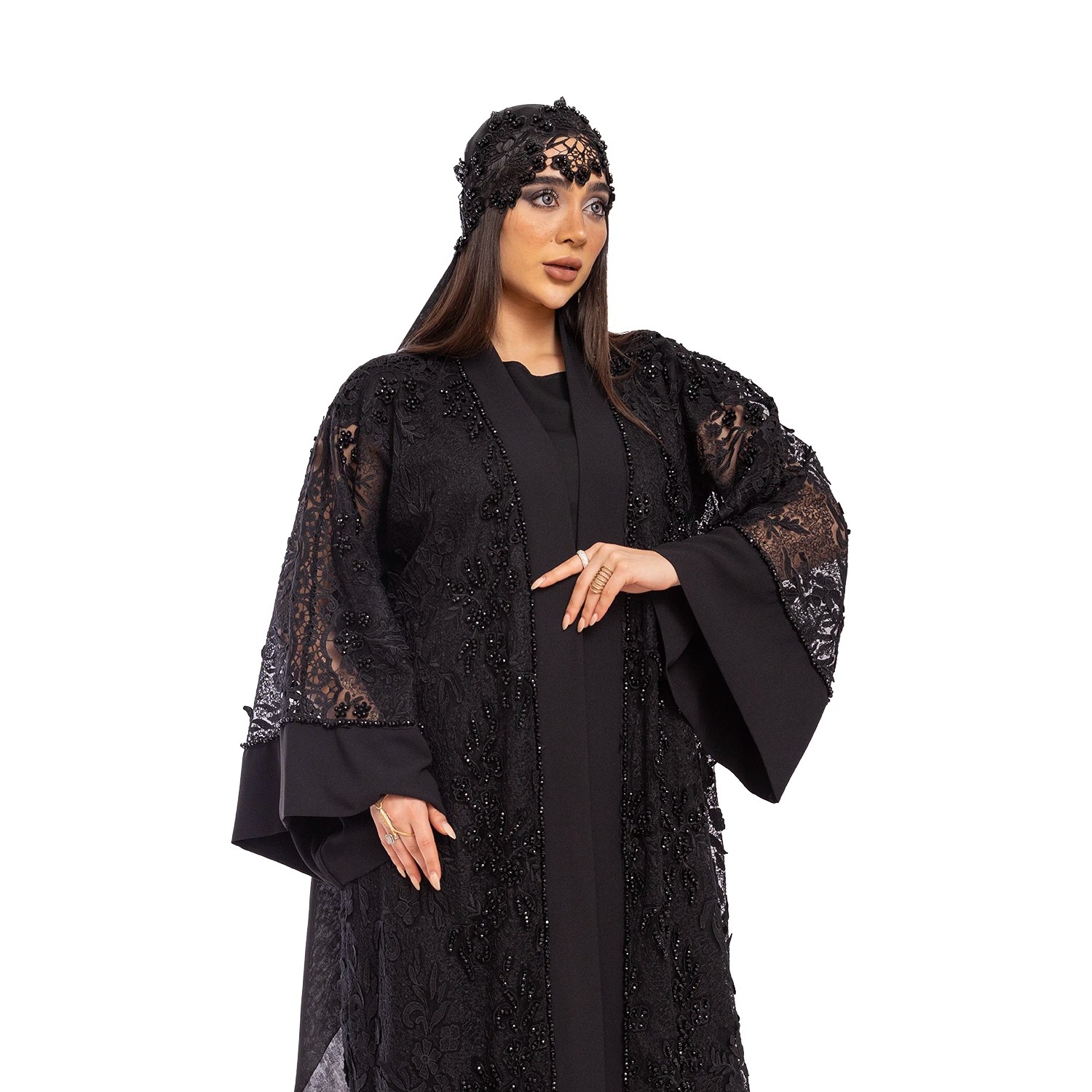 Stone Embroidered Lace Fabric Transparent Black Abaya