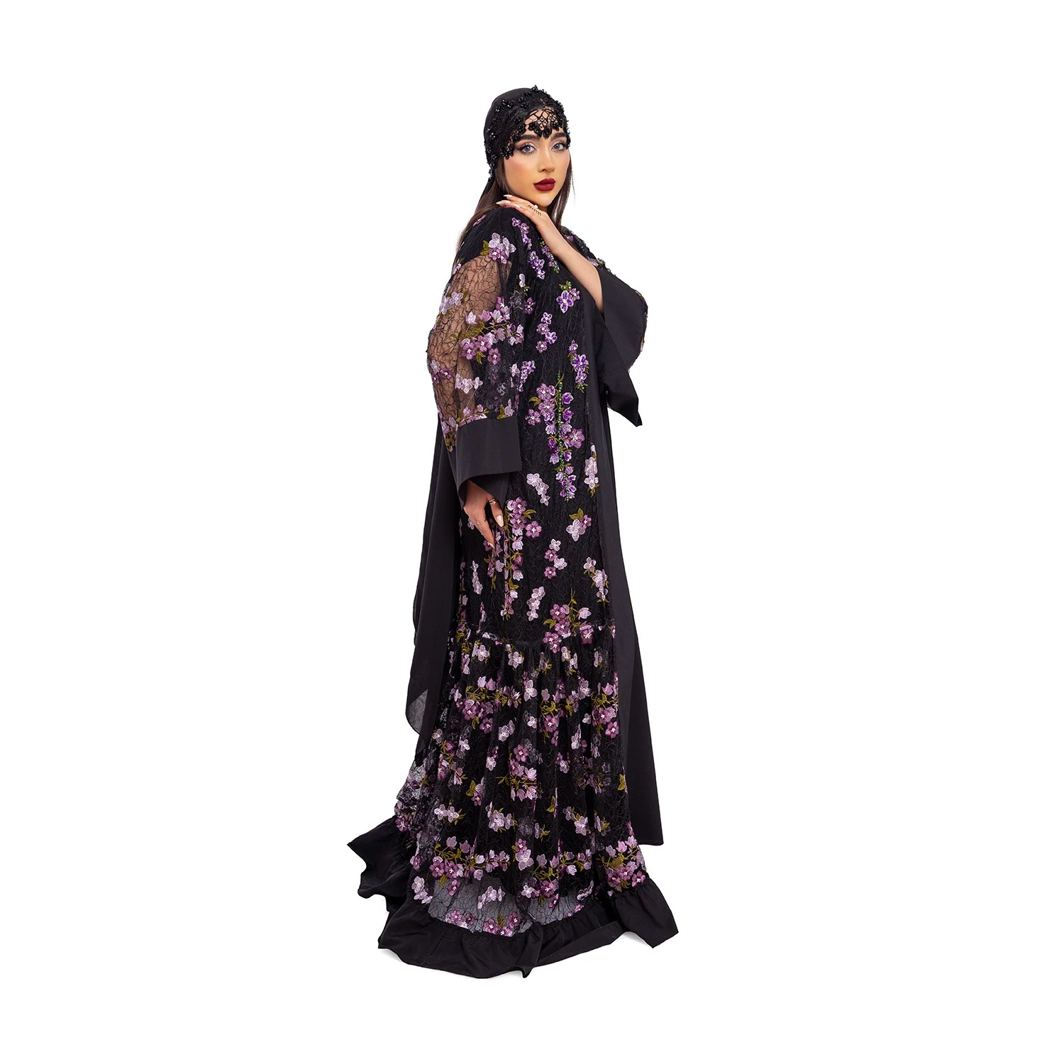 Mor Çiçekli Dantel Kumaş Üzeri İşlemeli Transparan Abaya