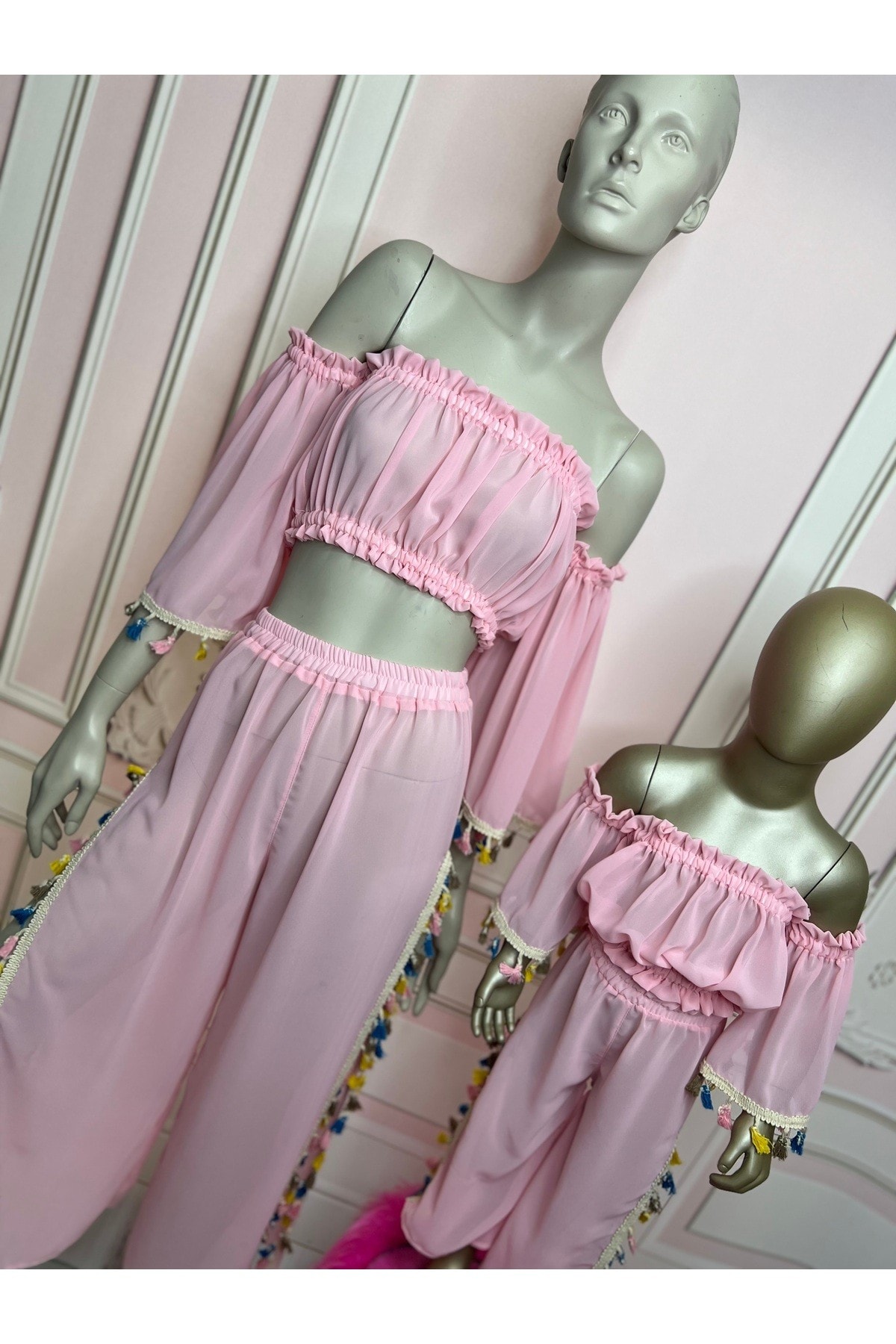 Anne kız plaj takım, pembe plaj pantalonu (SEPETE AYRI EKLENMELİDİR, FİYATLARI AYRIDIR)
