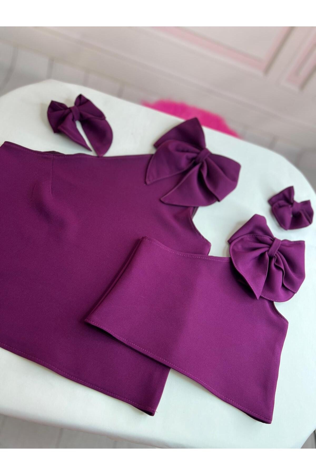 Kız Çocuk Tek Omuz Fiyonk Detaylı Mor Crop Bluz