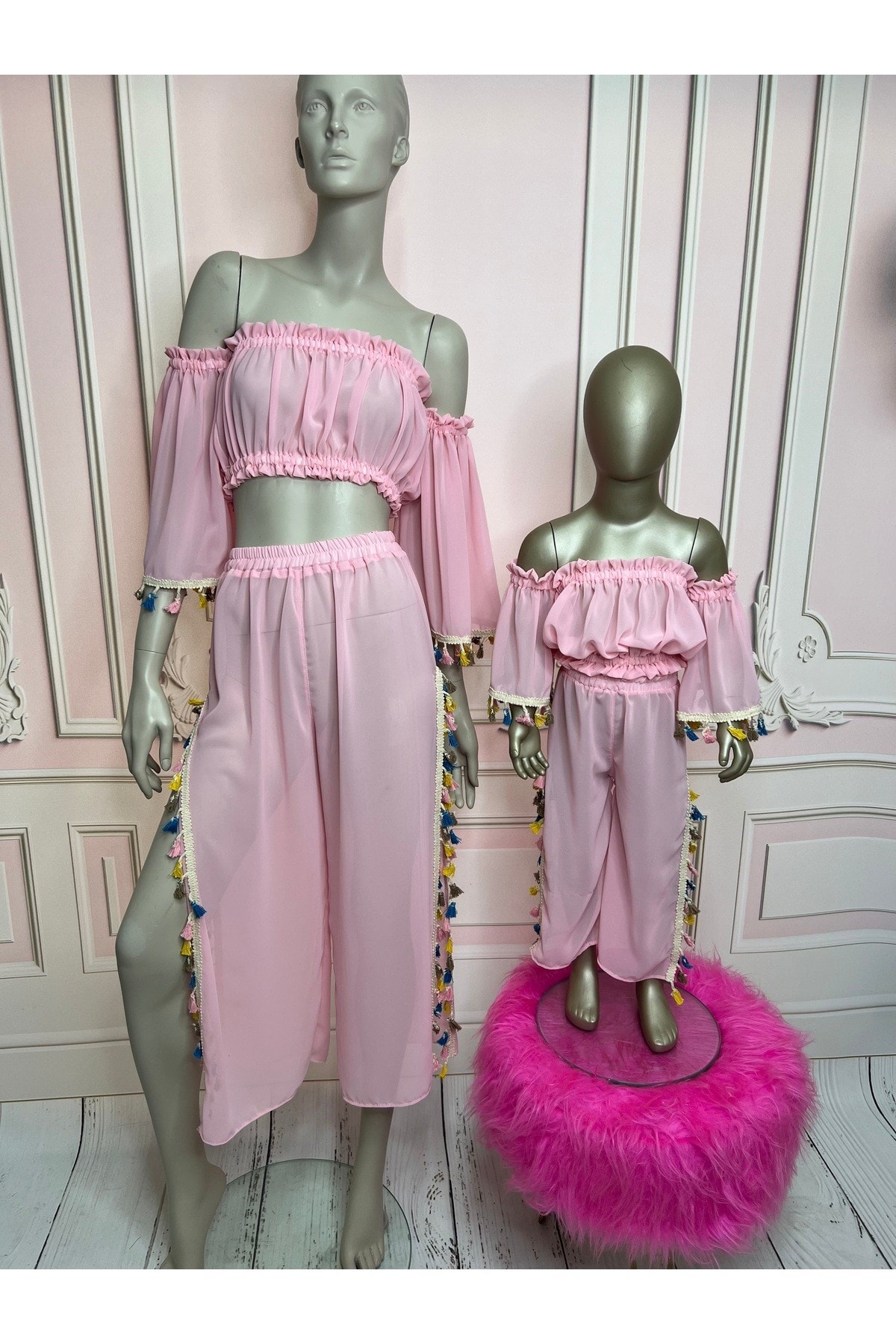 Anne kız plaj takım, pembe plaj pantalonu (SEPETE AYRI EKLENMELİDİR, FİYATLARI AYRIDIR)