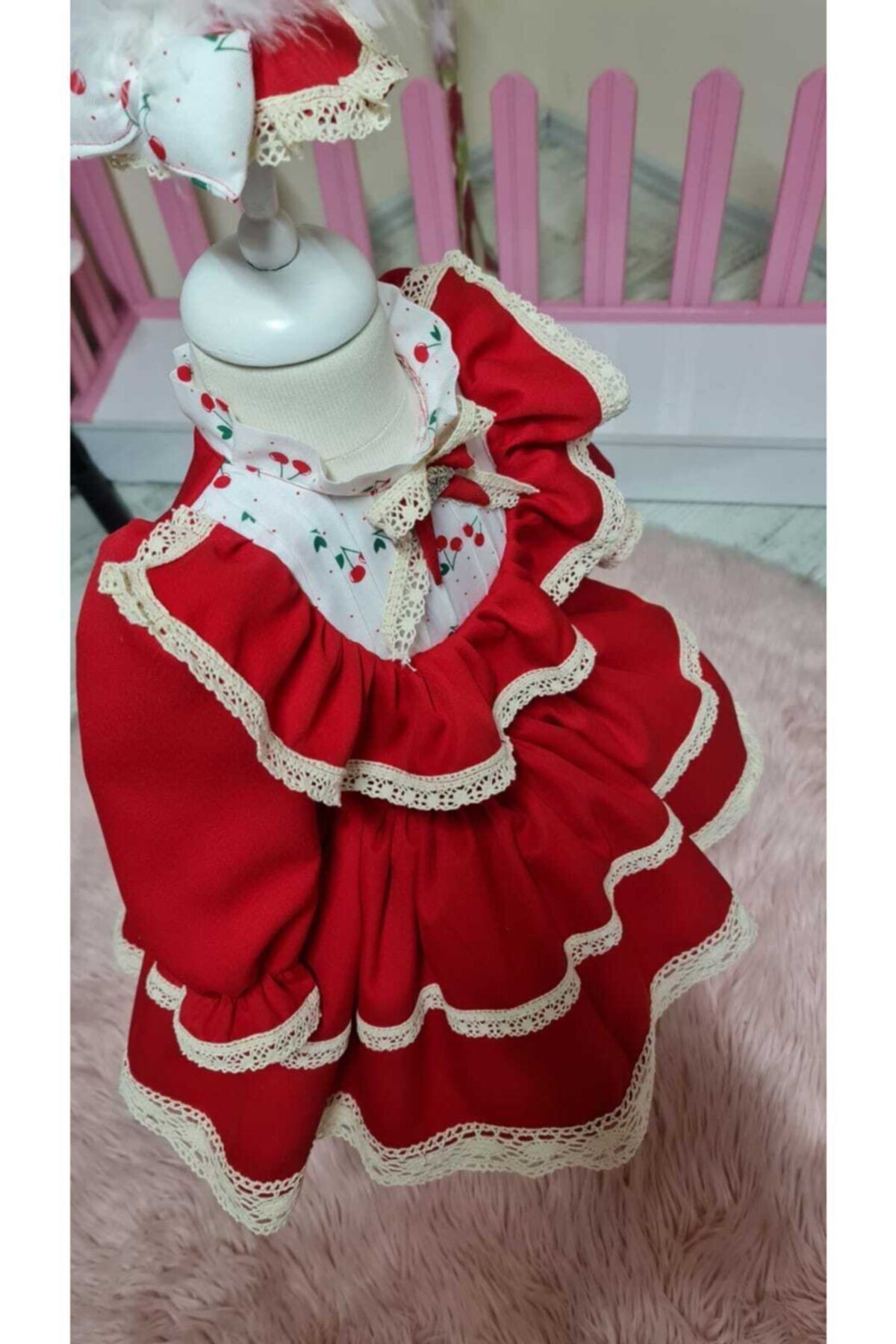 Kız Çocuk Tüllü Kabarık Kırmızıi Vintage Elbise
