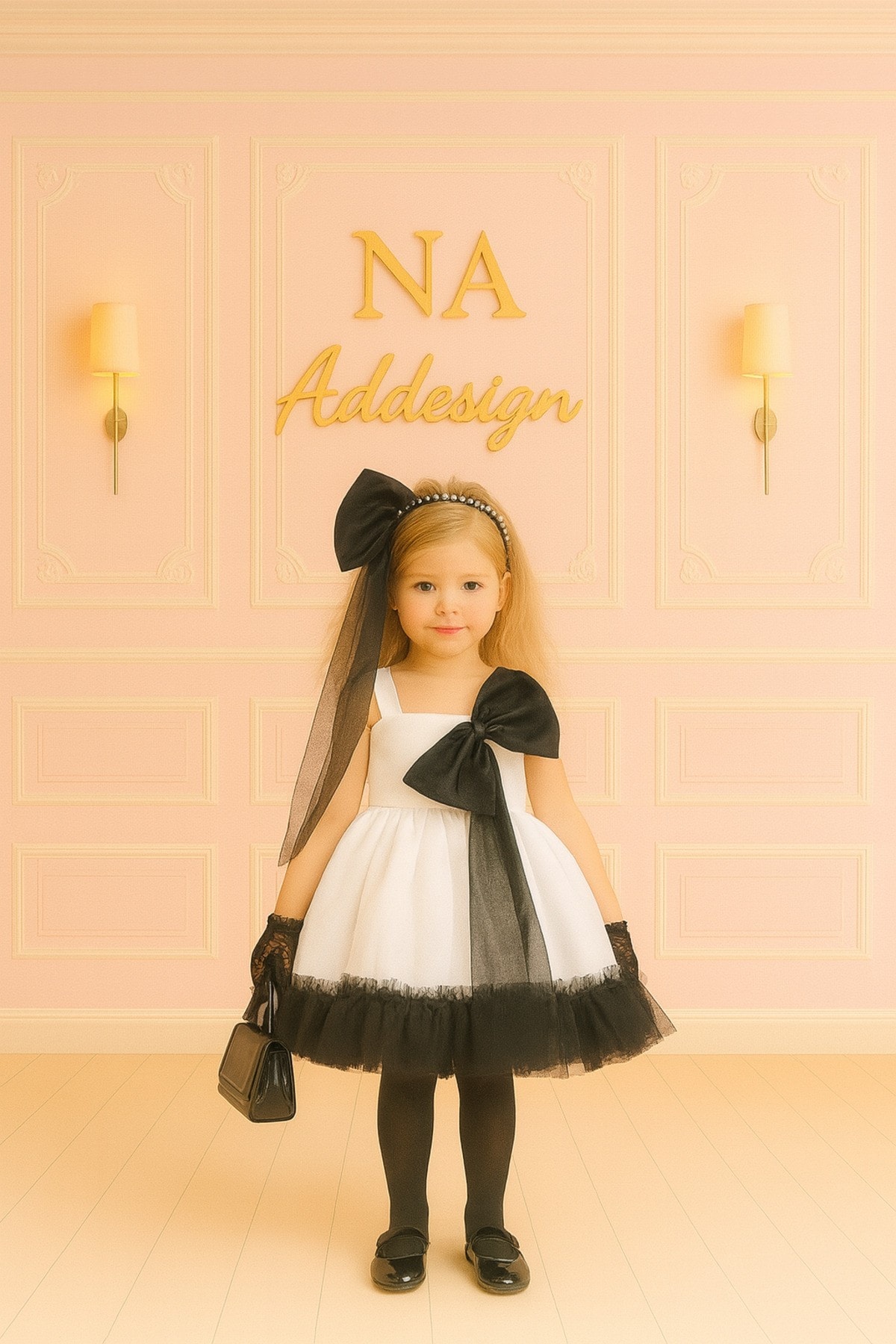 Black & White Elegance Tüllü Fiyonklu Kız Çocuk Elbise