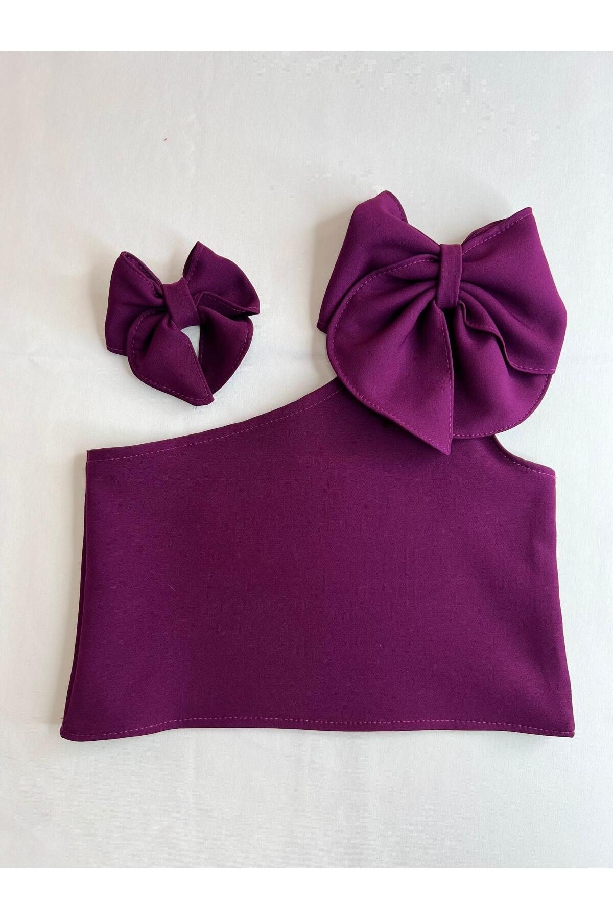 Kız Çocuk Tek Omuz Fiyonk Detaylı Mor Crop Bluz