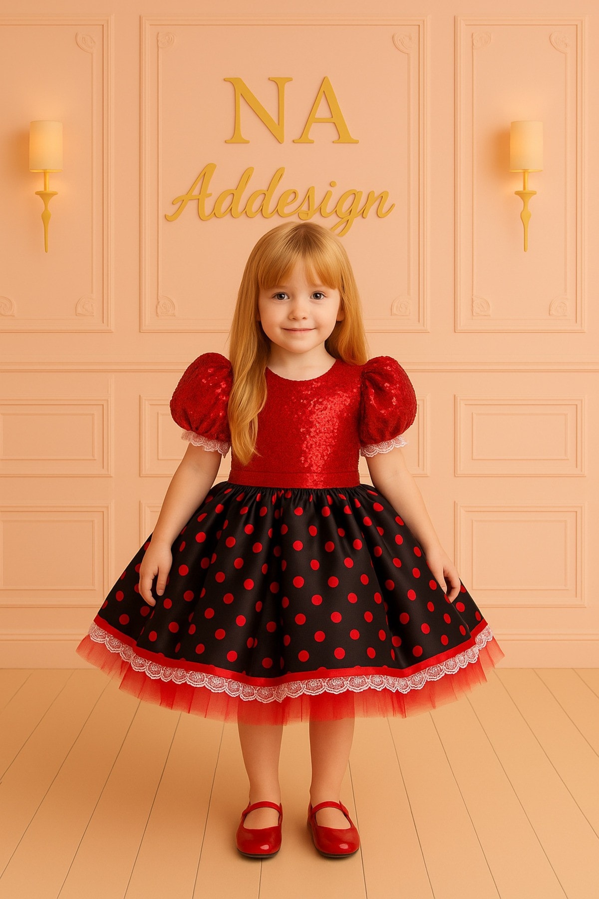 Minnie Heart Özel Tasarım Elbise – Kırmızı Pul Payet & Puanlı Saten Kalp Detaylı Model