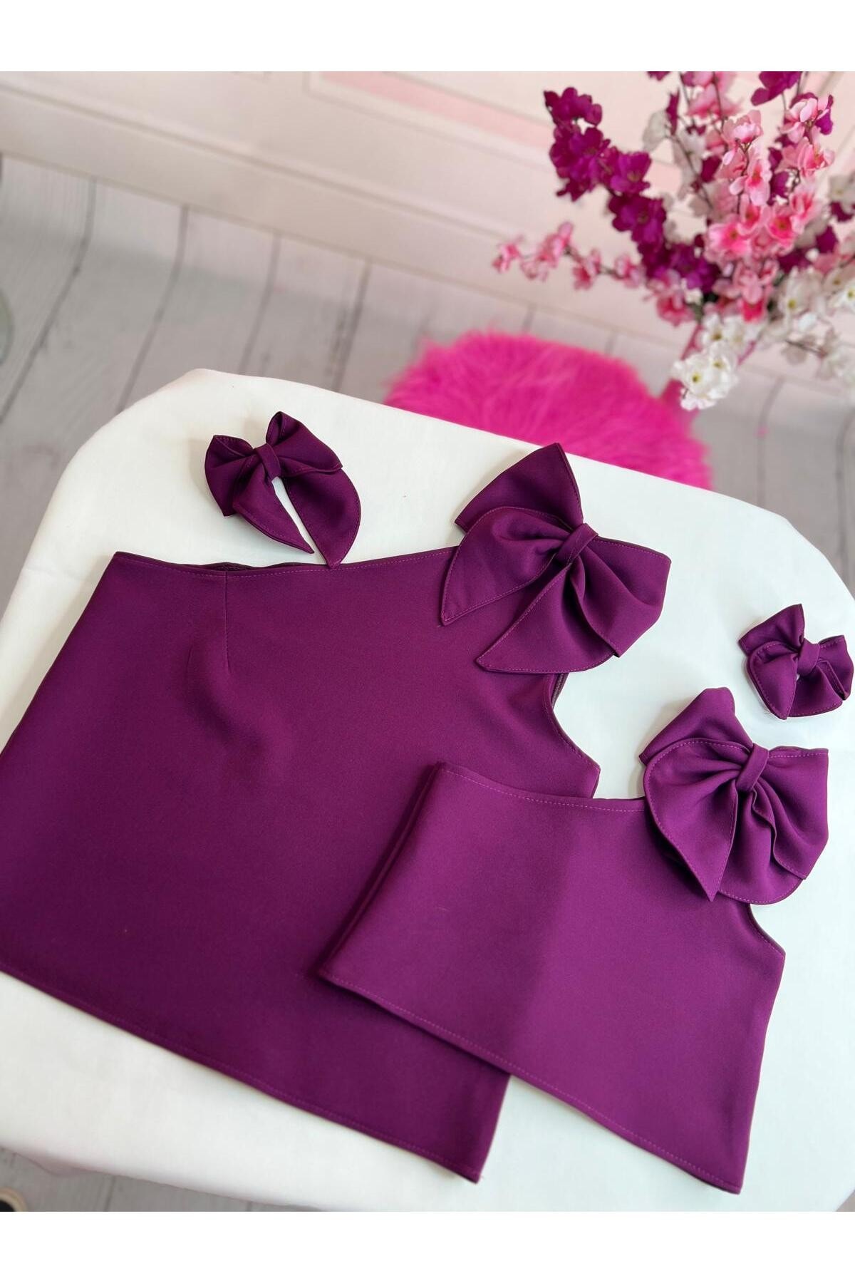 Kız Çocuk Tek Omuz Fiyonk Detaylı Mor Crop Bluz
