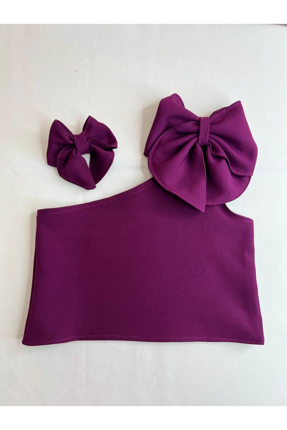 Kız Çocuk Tek Omuz Fiyonk Detaylı Mor Crop Bluz