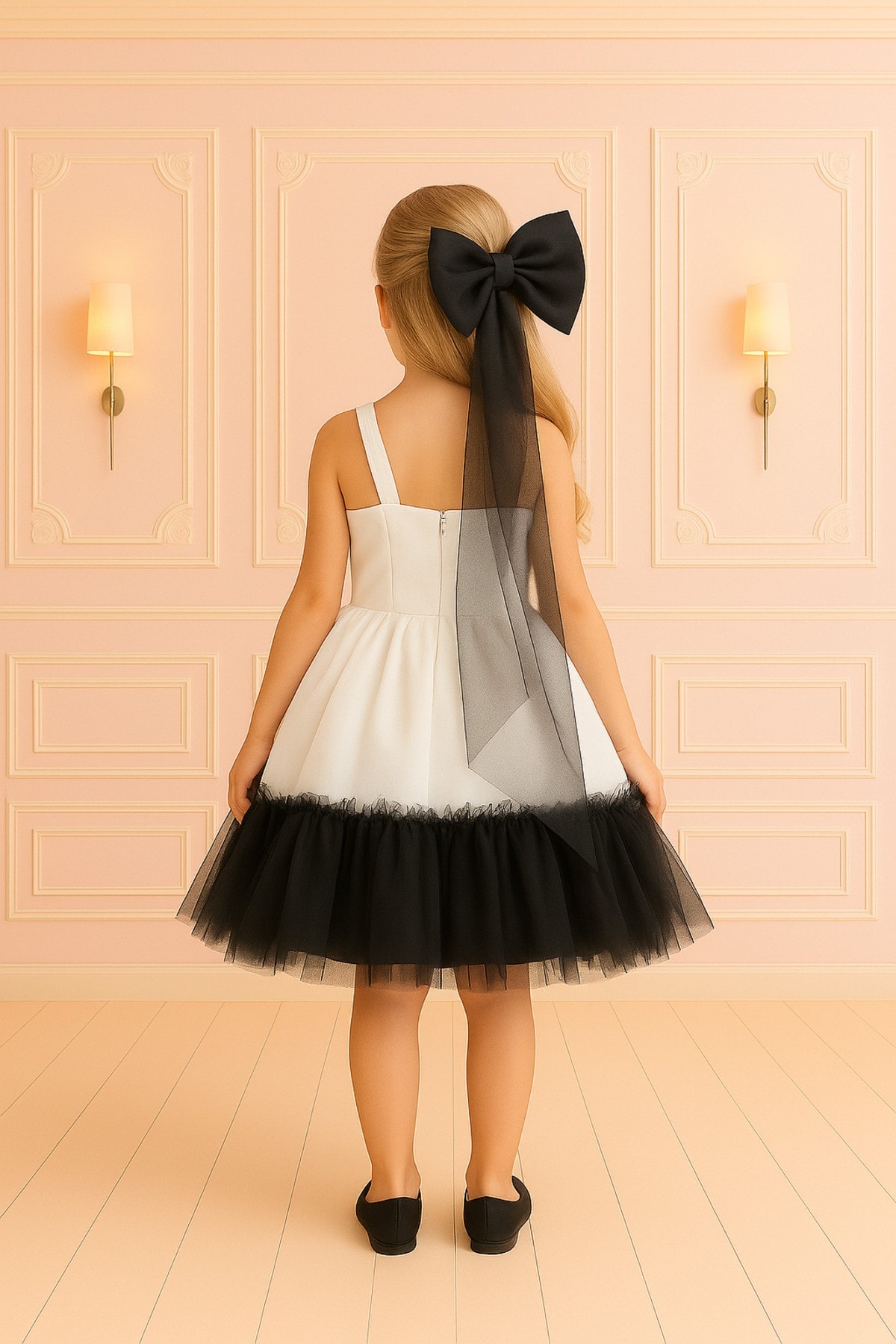 Black & White Elegance Tüllü Fiyonklu Kız Çocuk Elbise