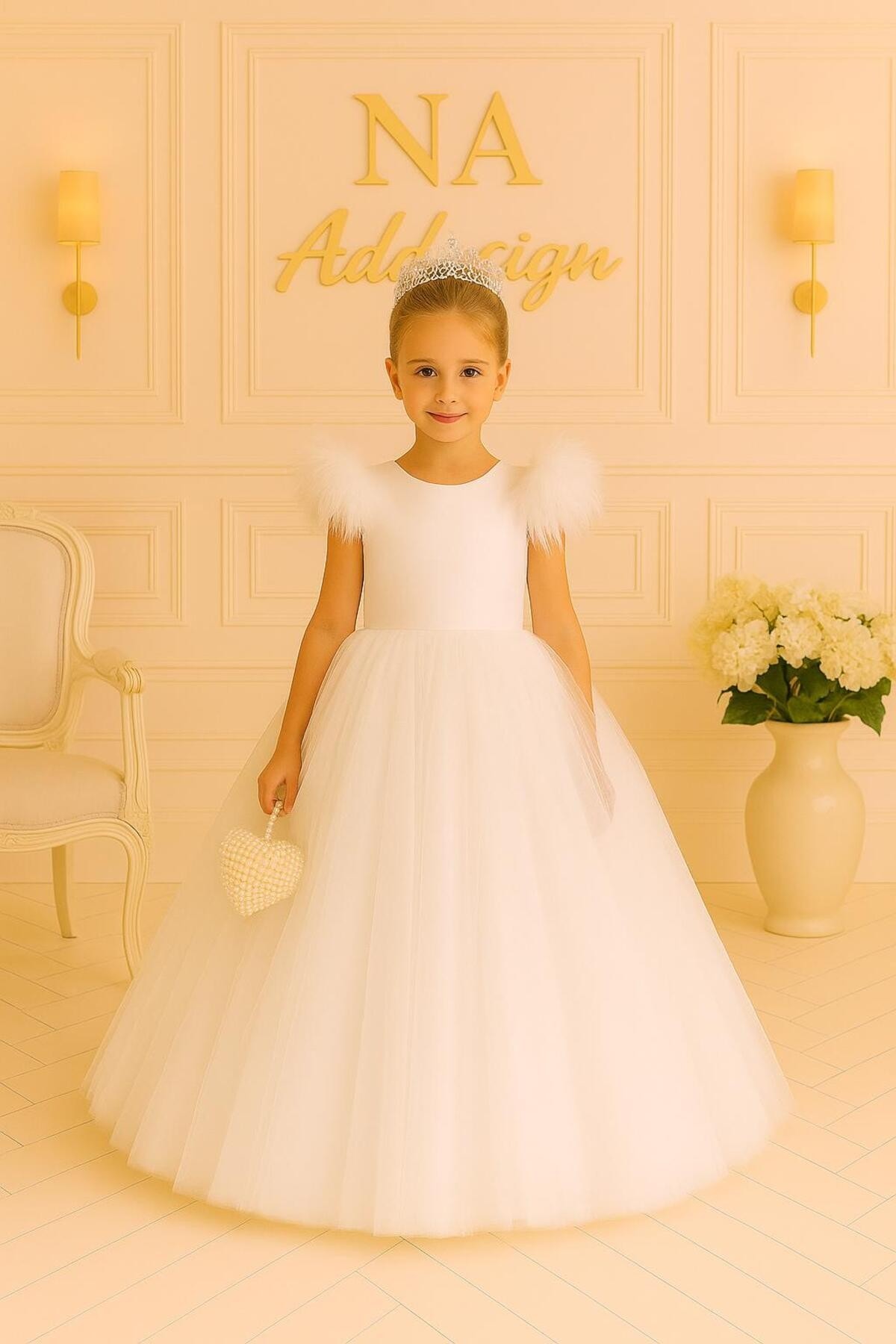 White Angel Özel Dikim Kabarık Prenses Elbisesi, Beyaz Tül Kabarık Kız Çocuk Elbisesi