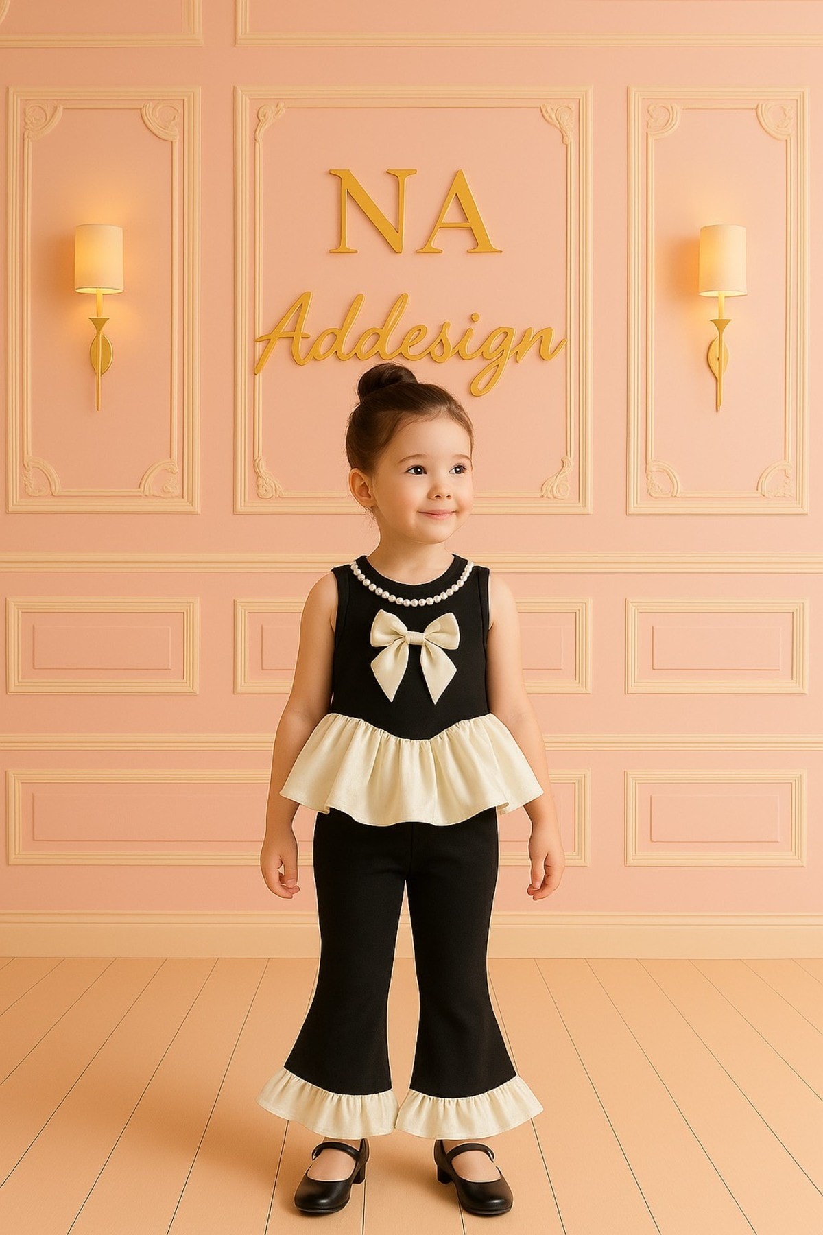 İnci Detaylı Fiyonk Double Krep Kız Çocuk Takım, Siyah Fırfır Paça Pantalon Takım
