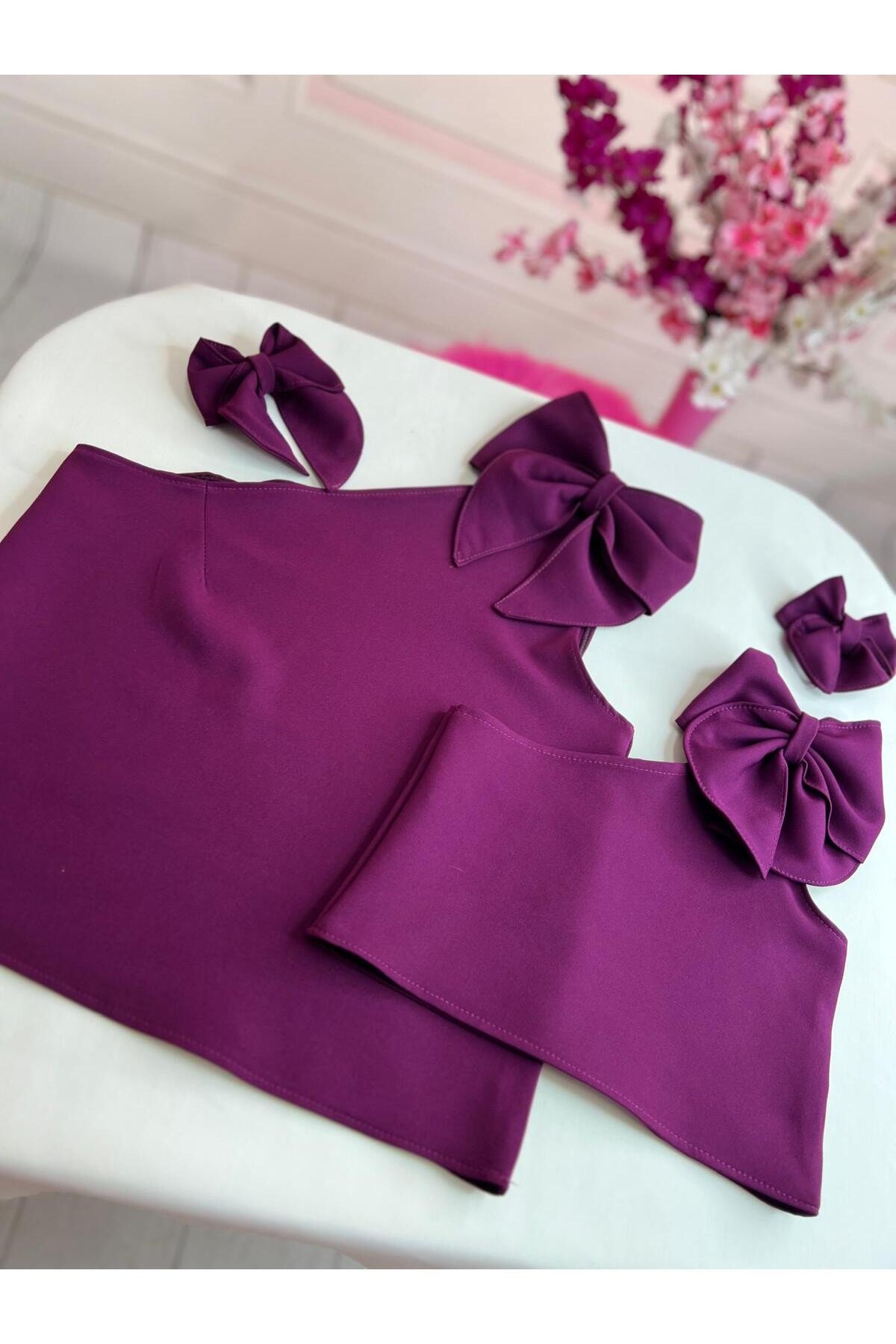 Kız Çocuk Tek Omuz Fiyonk Detaylı Mor Crop Bluz