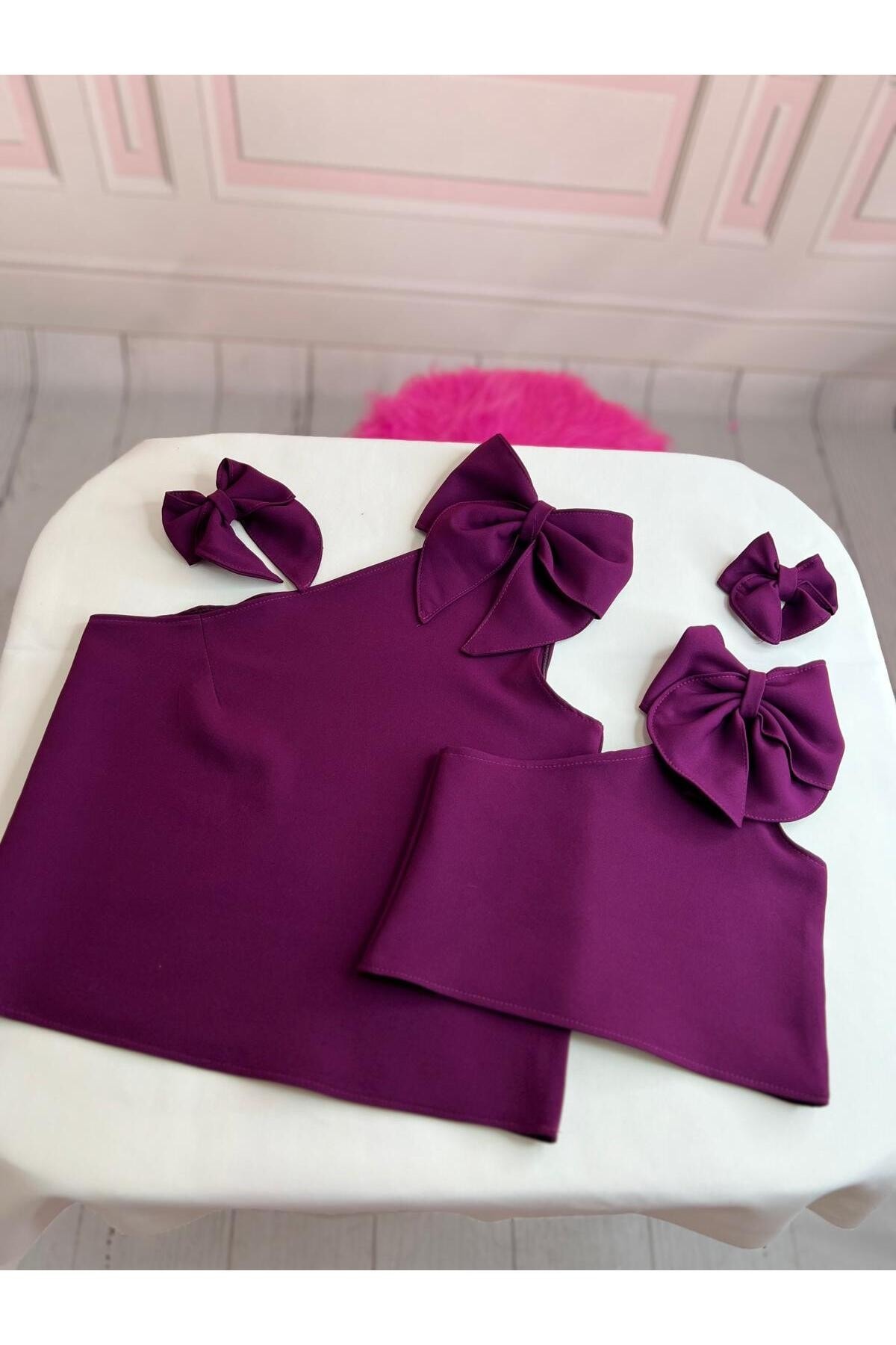 Kız Çocuk Tek Omuz Fiyonk Detaylı Mor Crop Bluz