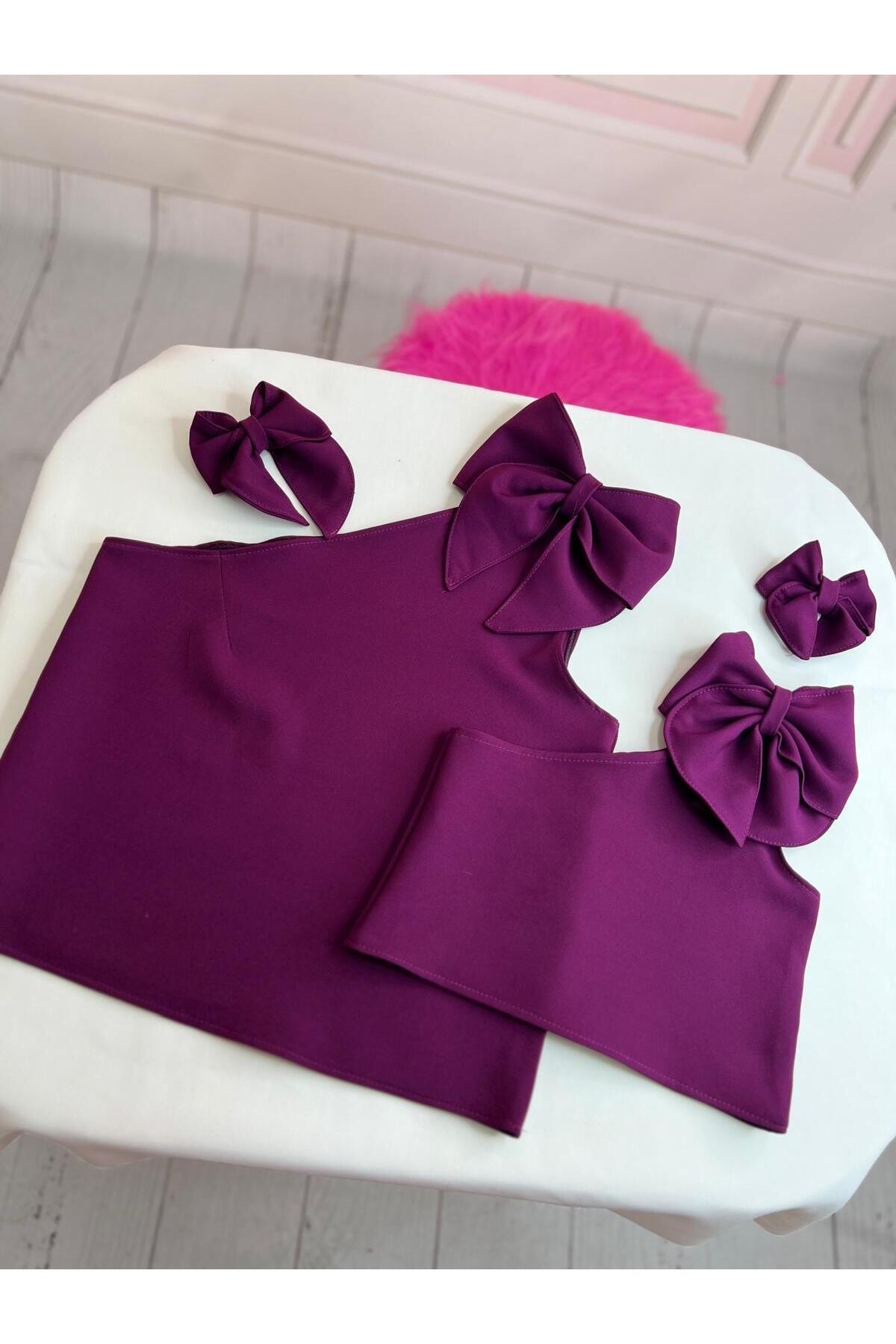 Kız Çocuk Tek Omuz Fiyonk Detaylı Mor Crop Bluz