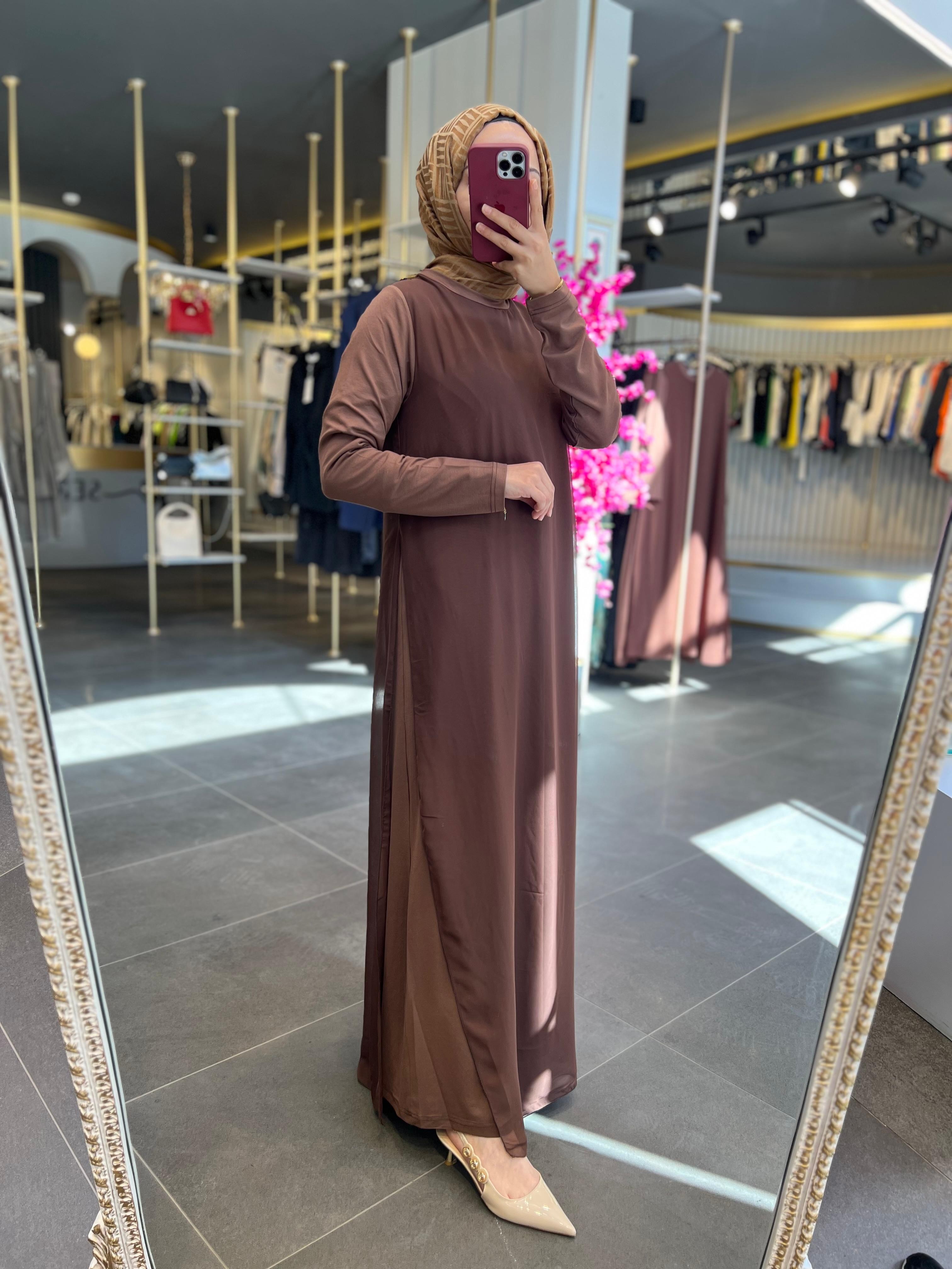 STYLE ELAN- ŞİFON DETAYLI KAHVERENGİ ELBİSE