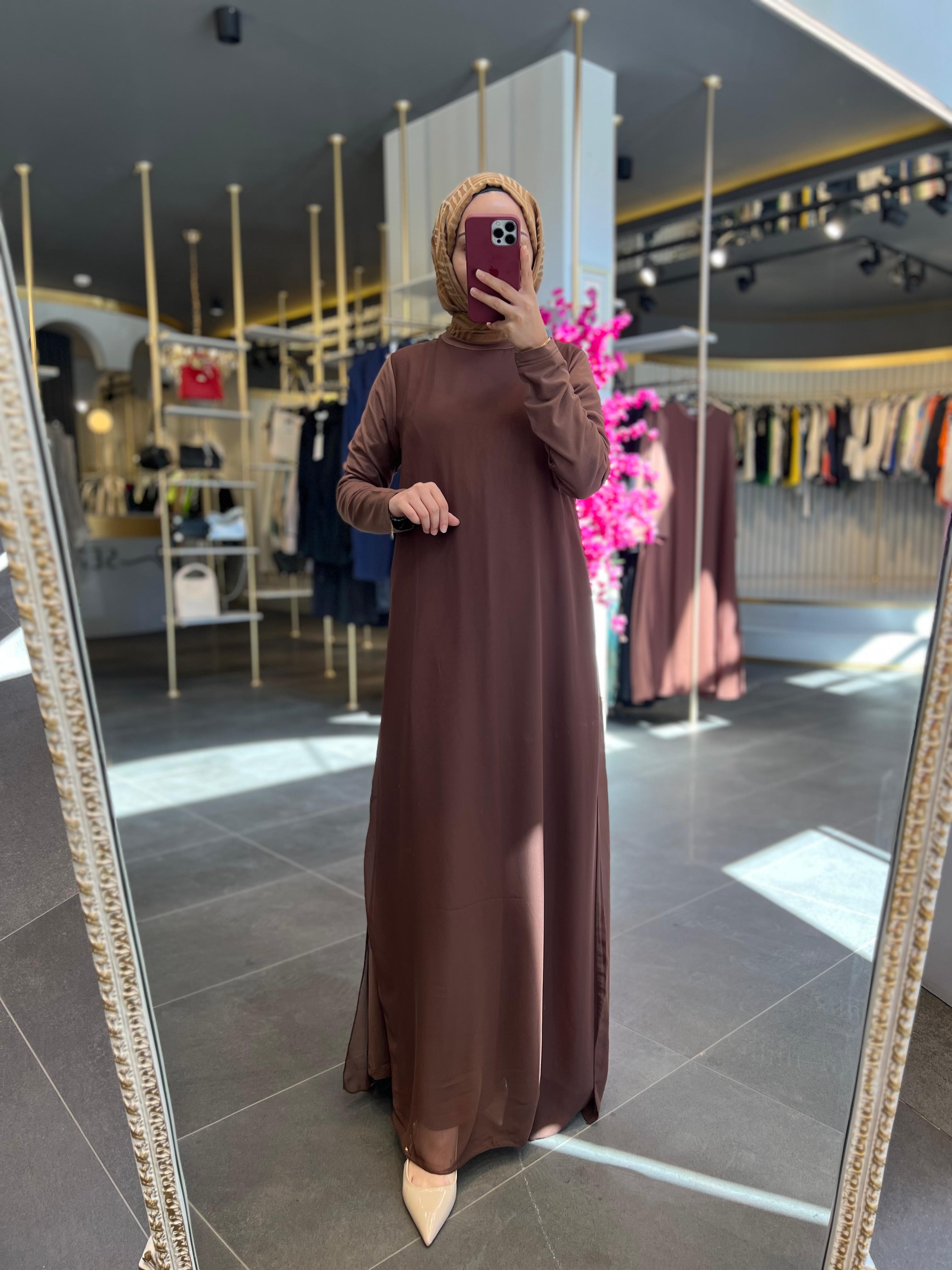 STYLE ELAN- ŞİFON DETAYLI KAHVERENGİ ELBİSE