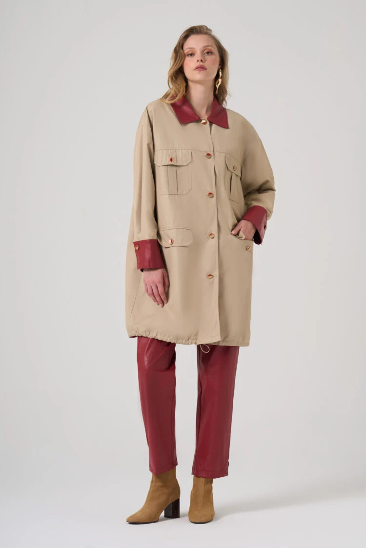 MASCARA- DERİ GÖRÜNÜMLÜ BORDO TRENÇ TAKIM