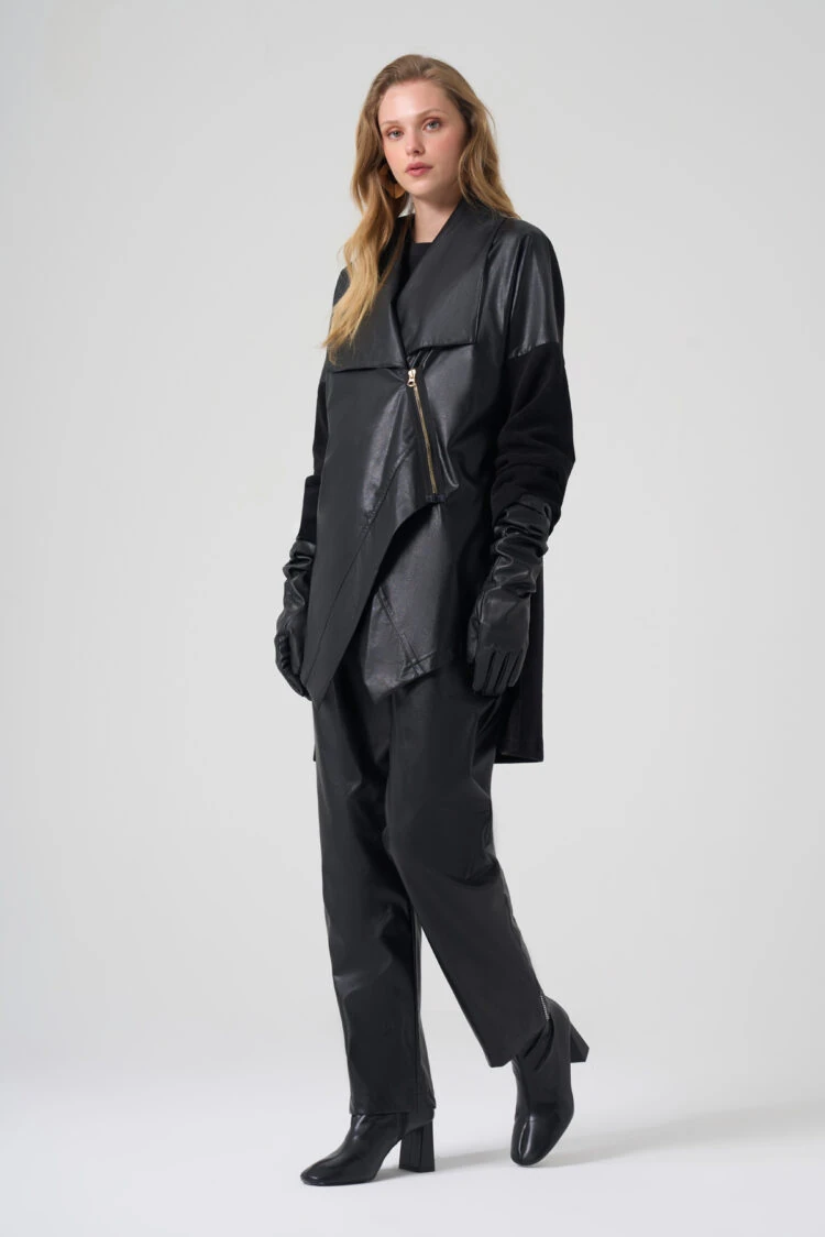 MASCARA- DERİ GÖRÜNÜMLÜ ETEK UCU ASİMETRİK CEKET