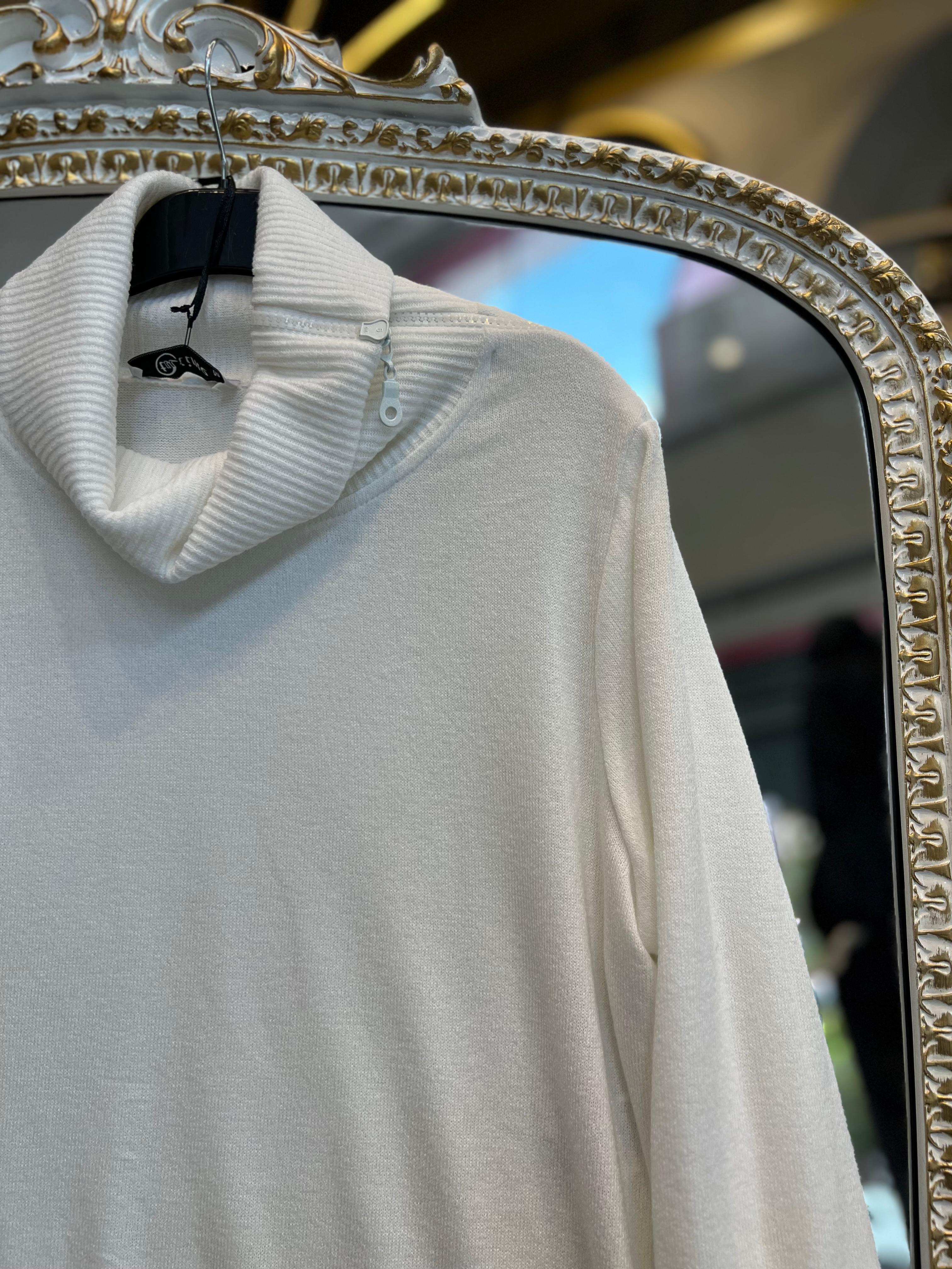 SERAP ESER EXCLUSİVE- YAKA VE ETEK UCU FERMUARLI EKRU TRİKO