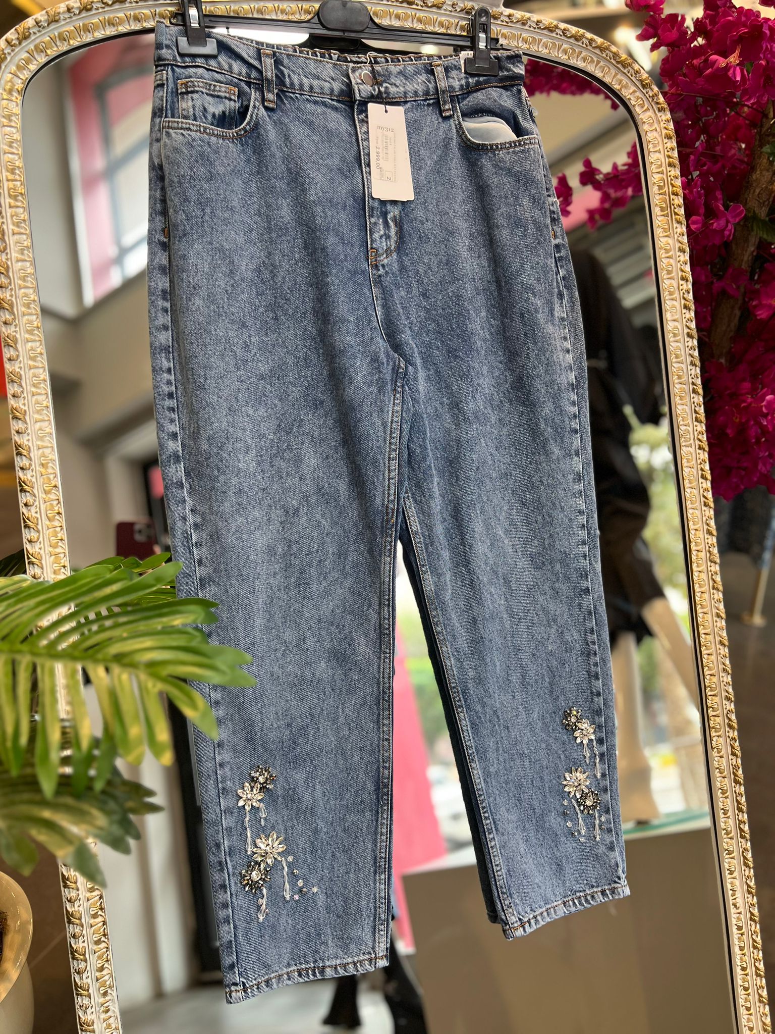 MY312- PAÇASI İŞLEME DETAYLI AÇIK LACİVERT JEAN PANTOLON